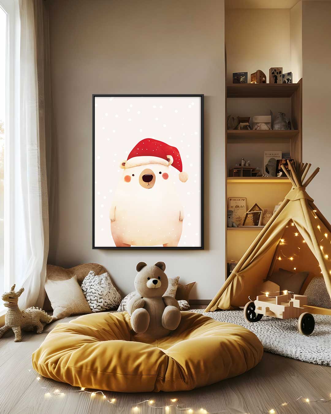 Schattige Kerstbeer Illustratie Kunstwerk-canvas-dibond-plexiglas-wanddecoratie-WallArtistic