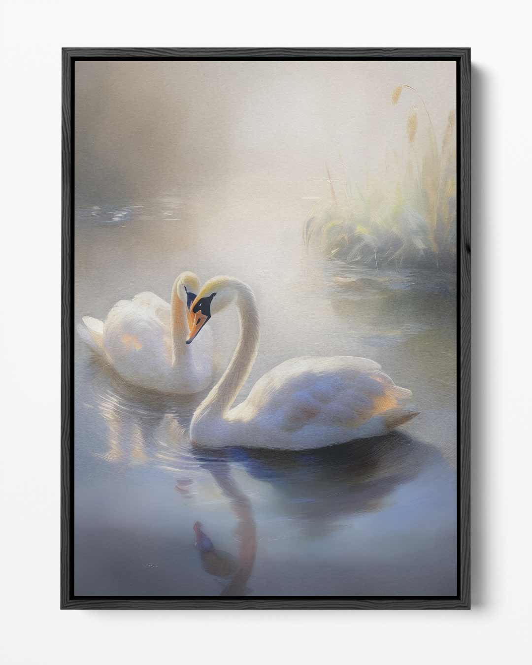 Romantisch Zwanenpaar in Mystieke Ochtendmist Kunstwerk-canvas-dibond-plexiglas-wanddecoratie-WallArtistic