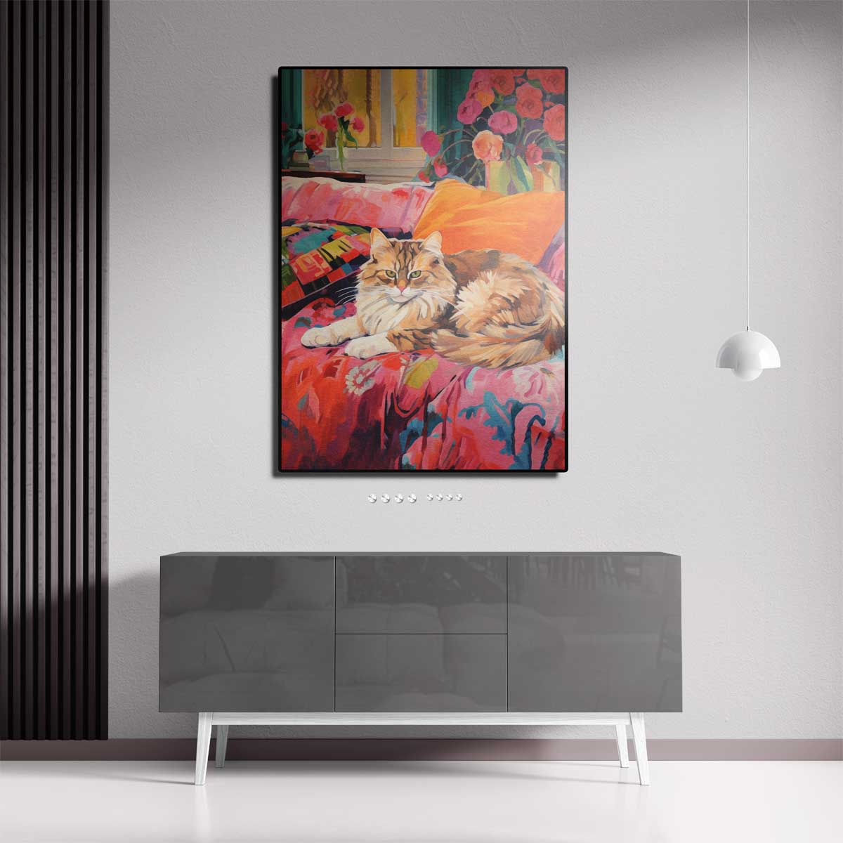 Kat op Bloemenbank Kunstwerk-canvas-dibond-plexiglas-wanddecoratie-WallArtistic