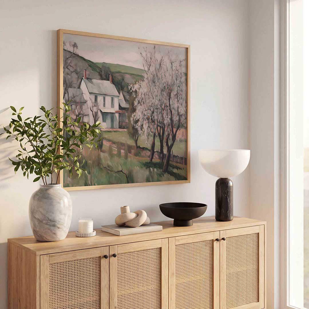 Landelijk huis met bloesem Poster