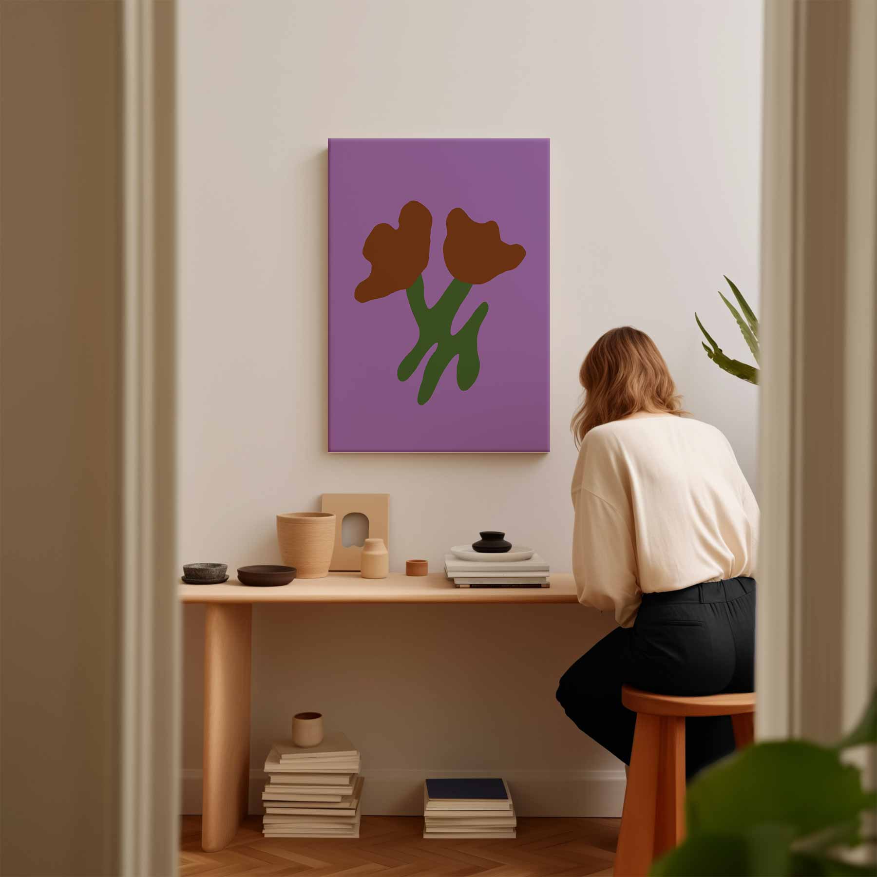 Simpele Bloemenschikking op Paarse Achtergrond Kunstwerk-canvas-dibond-plexiglas-wanddecoratie-WallArtistic