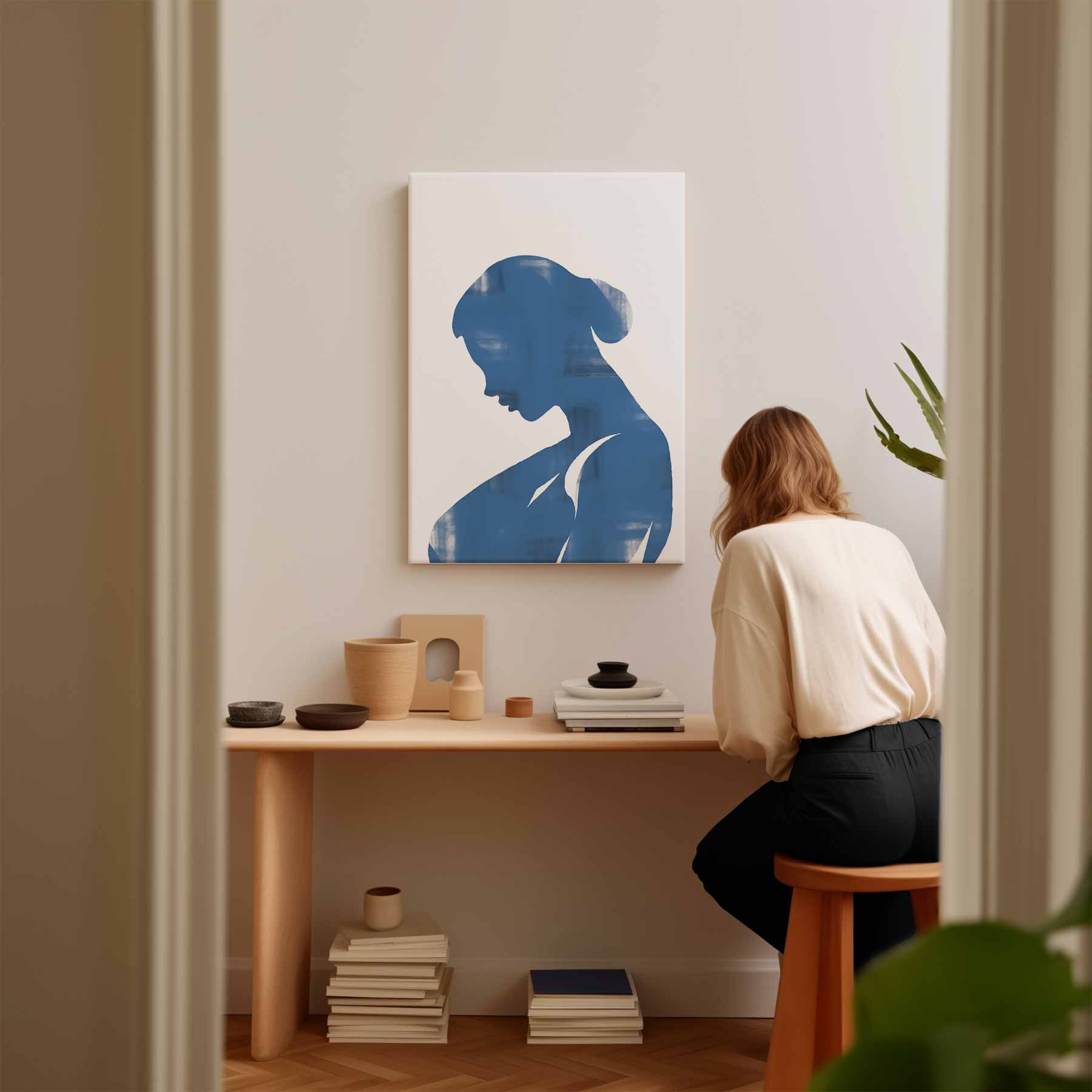 Elegante Blauwe Silhouet Kunstwerk-canvas-dibond-plexiglas-wanddecoratie-WallArtistic