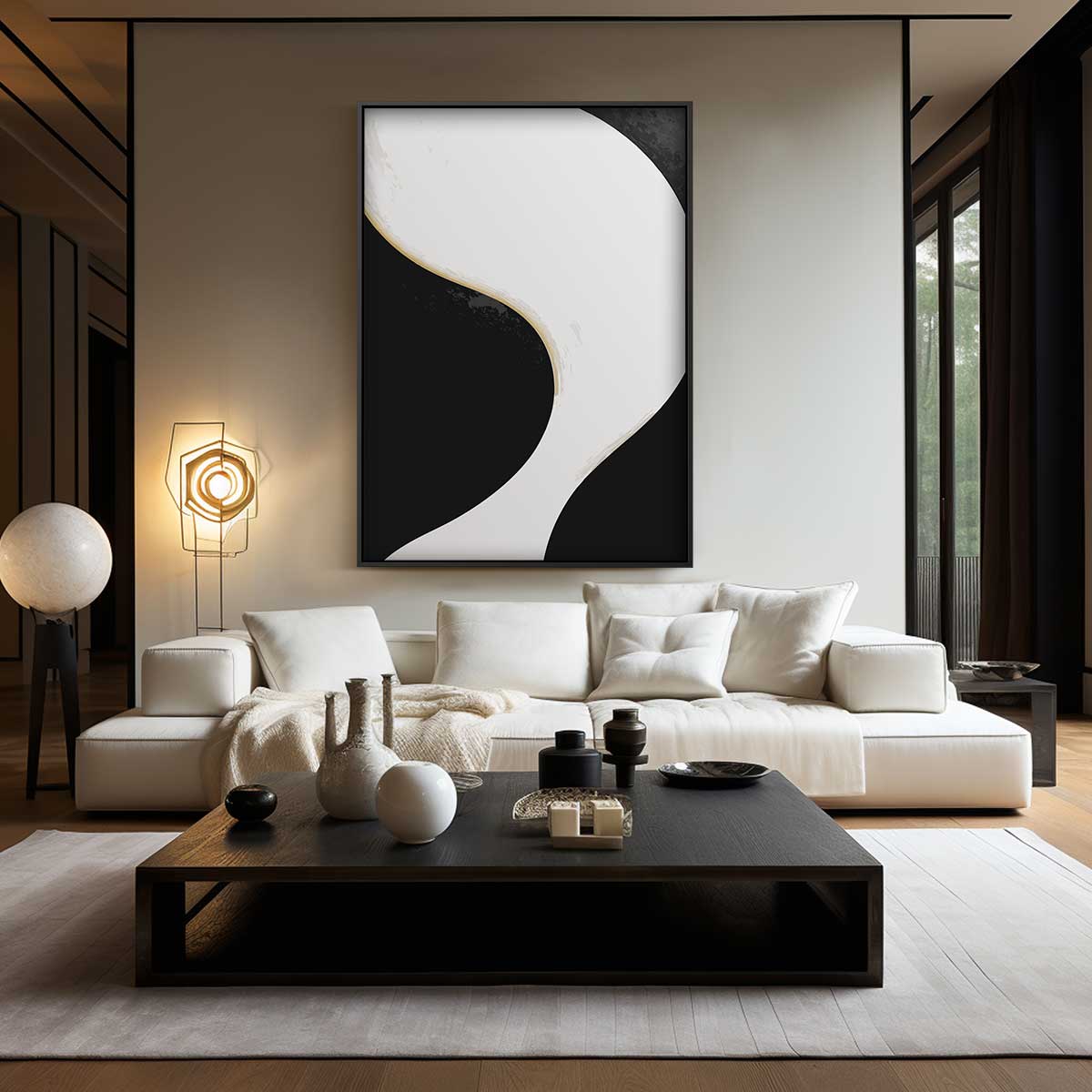 Sierlijke Golven in Zwart-Wit Kunstwerk-canvas-dibond-plexiglas-wanddecoratie-WallArtistic