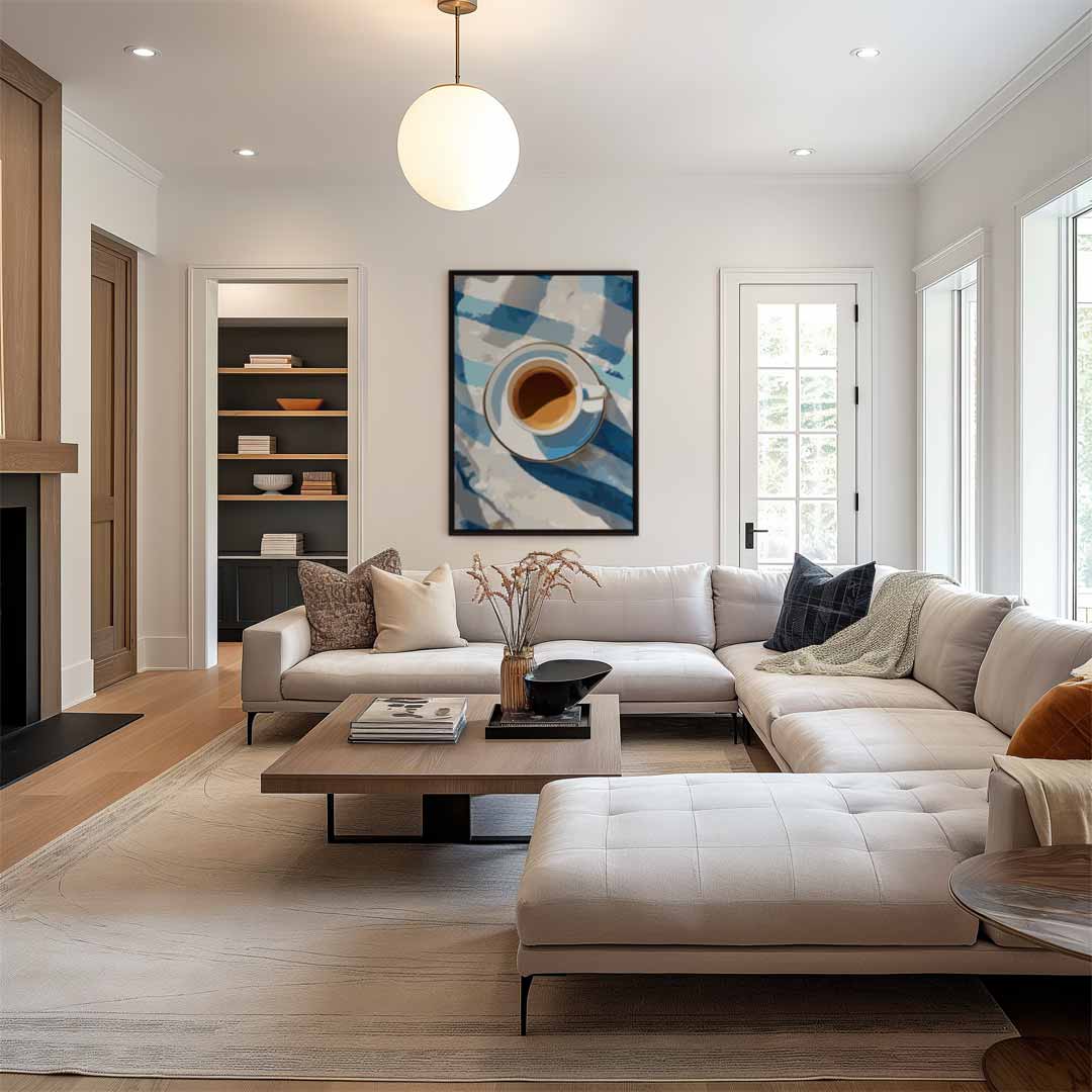 Koffiepauze op Blauwe Tafelloper Kunstwerk-canvas-dibond-plexiglas-wanddecoratie-WallArtistic