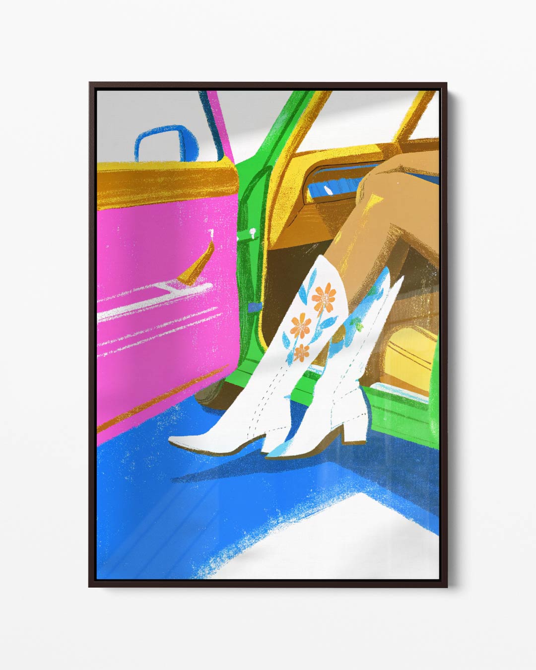Stijlvolle Cowboylaarzen in Retro Auto Kunstwerk-canvas-dibond-plexiglas-wanddecoratie-WallArtistic