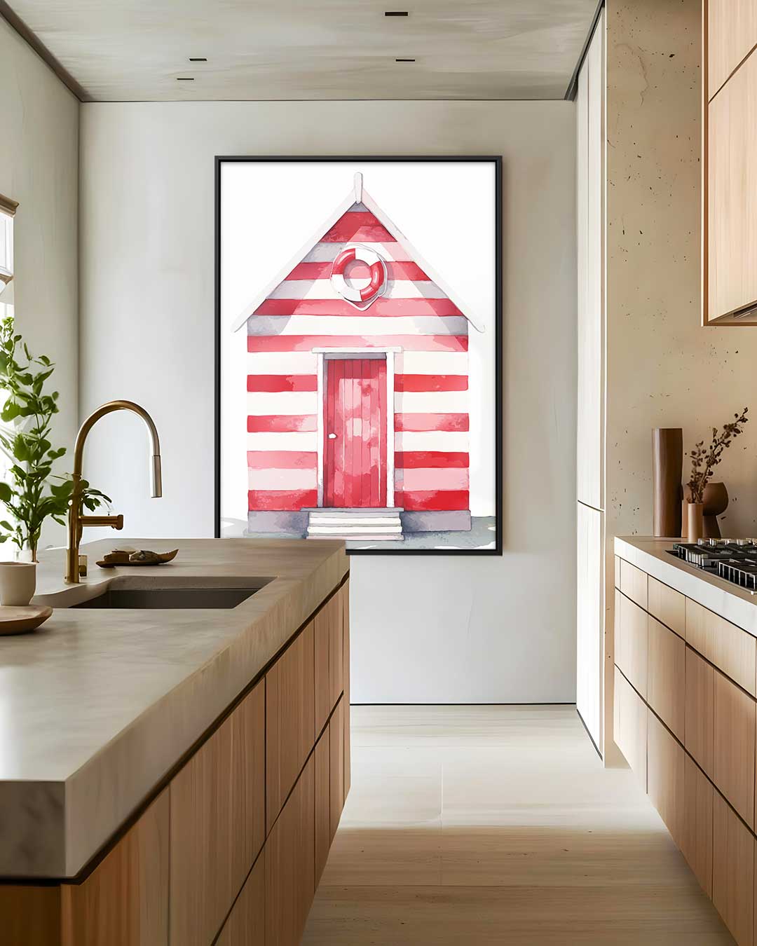Strandhuisje in Streepjeskleuren Kunstwerk-canvas-dibond-plexiglas-wanddecoratie-WallArtistic