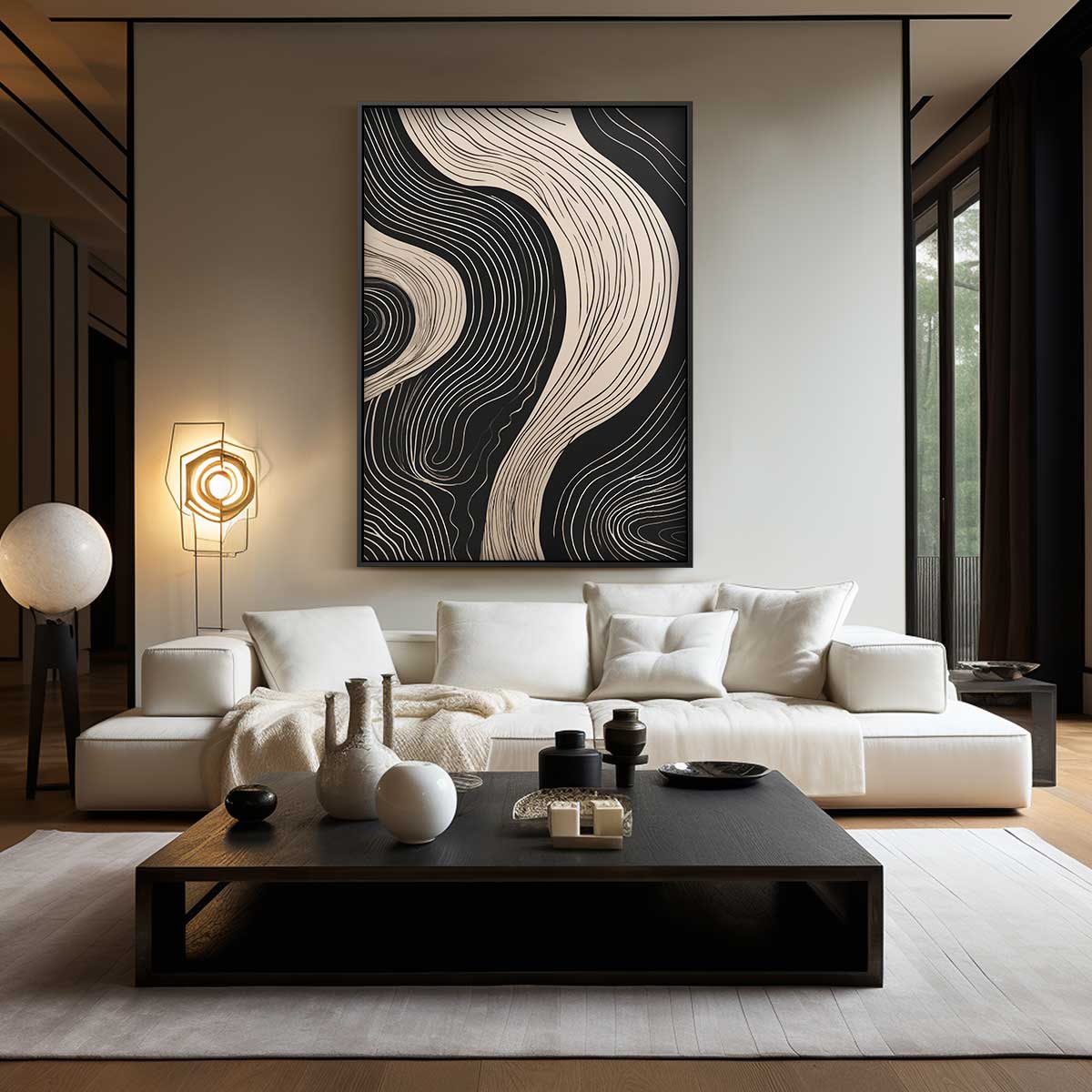 Golvende Lijnen op Zwart Kunstwerk-canvas-dibond-plexiglas-wanddecoratie-WallArtistic