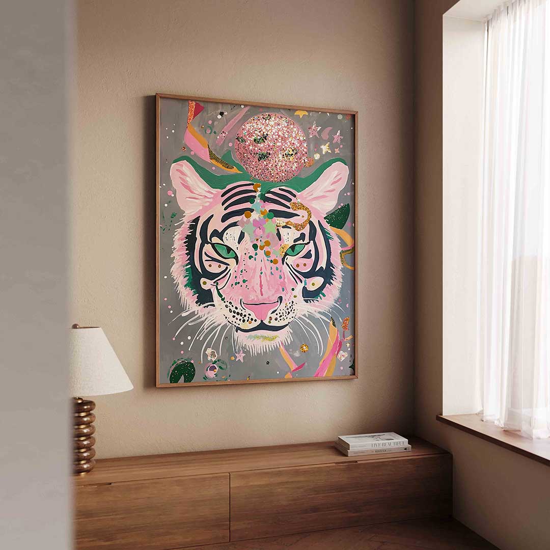 Tijger met roze en groene accenten Poster