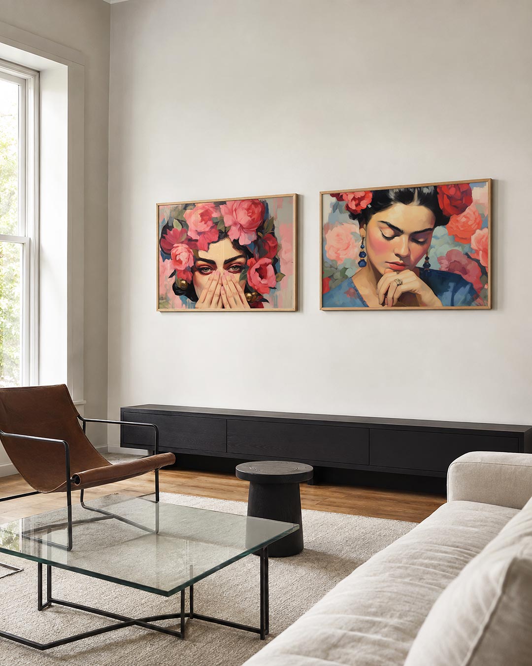 Interieurpresentatie van twee posters met een gezicht omringd door levendige roze bloemen