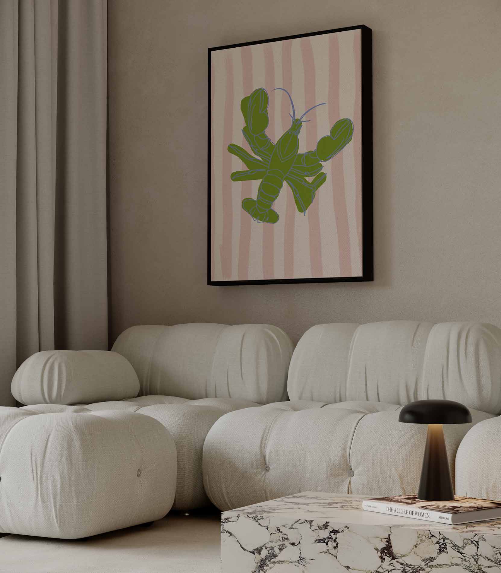 Groene Kreeft op Strepen Kunstwerk-canvas-dibond-plexiglas-wanddecoratie-WallArtistic