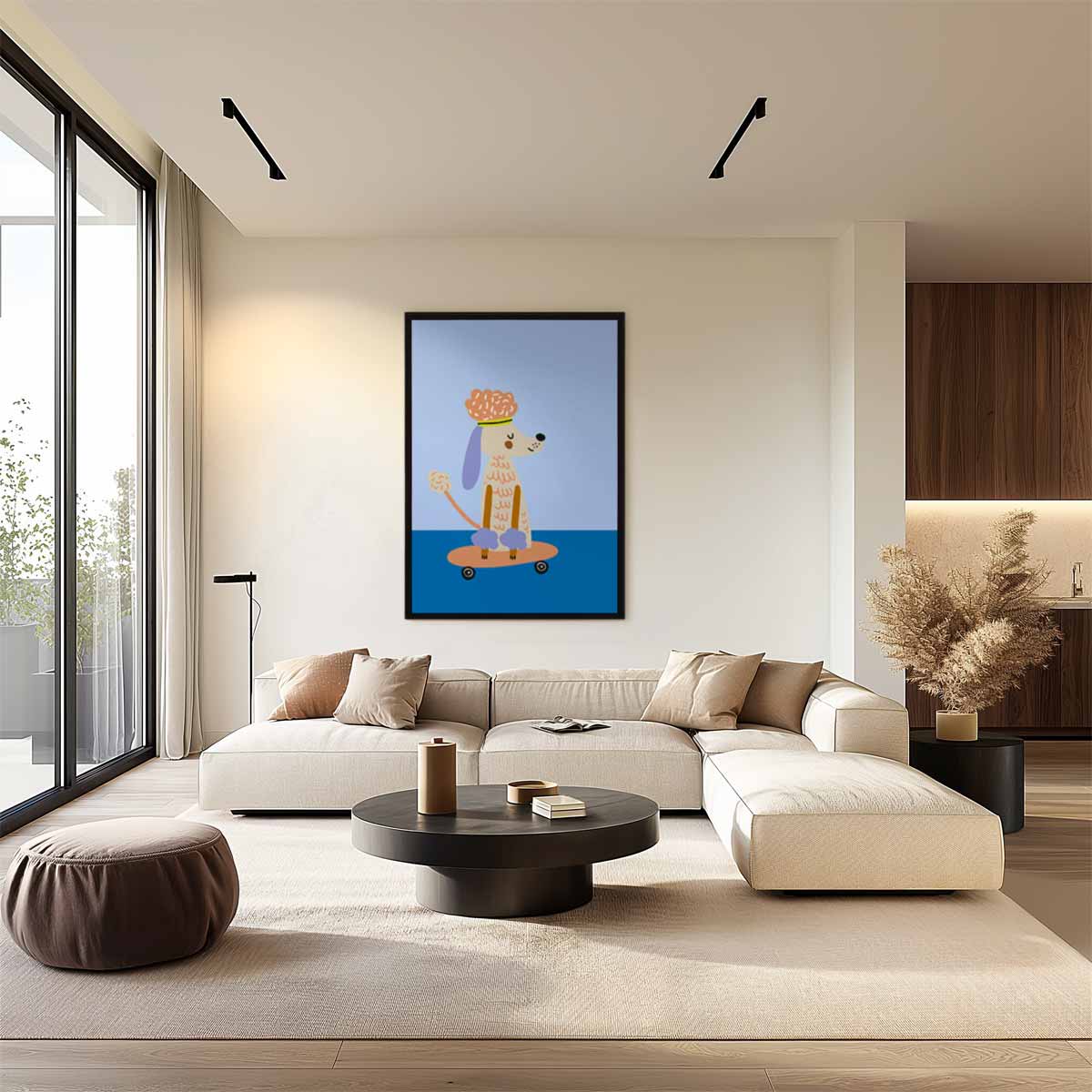 Chille Poedel op Skateboard Kunstwerk-canvas-dibond-plexiglas-wanddecoratie-WallArtistic