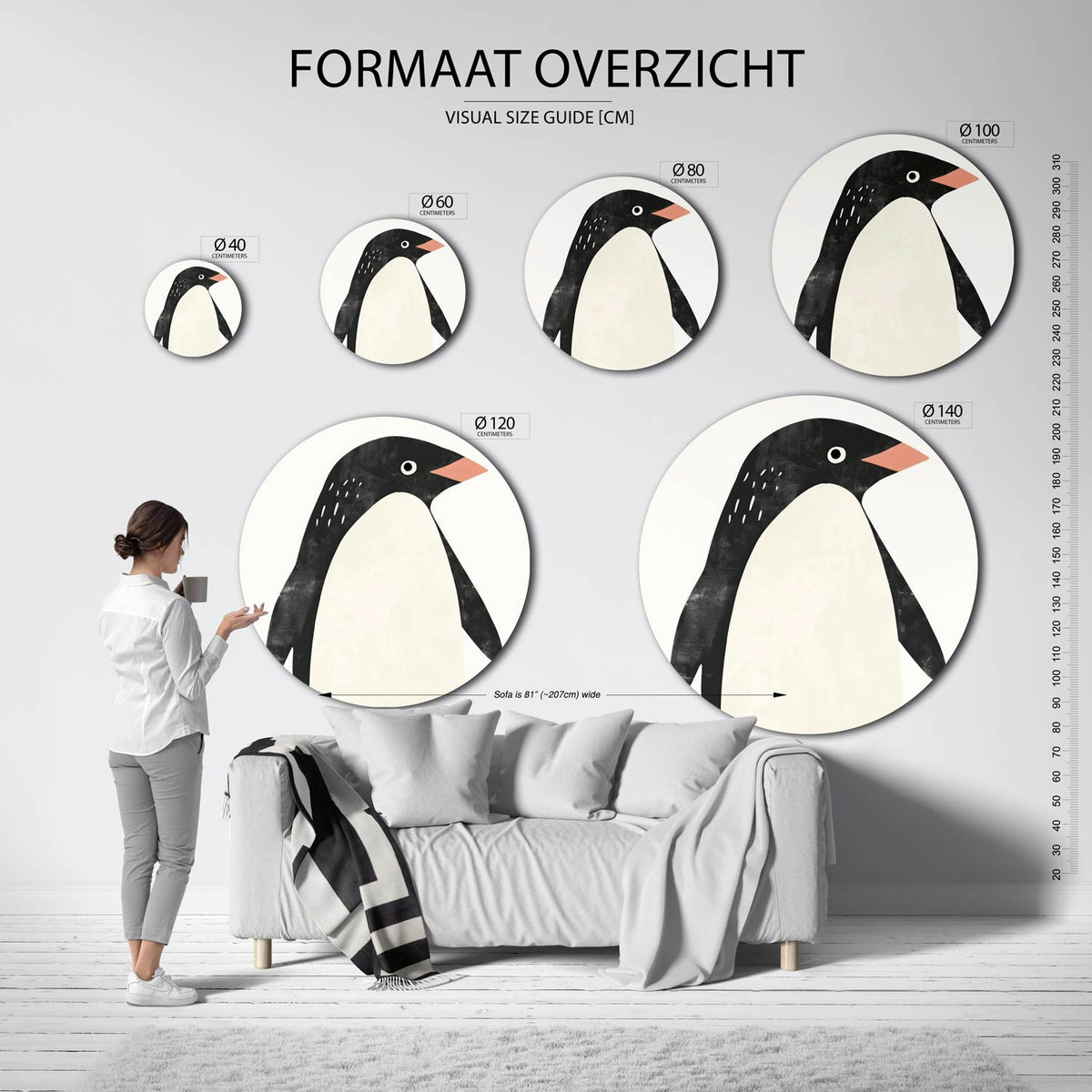 Pinguïn Muurcirkel – extra productweergave – Een pinguïn met een zwart-witte vacht en een oranje snavel.