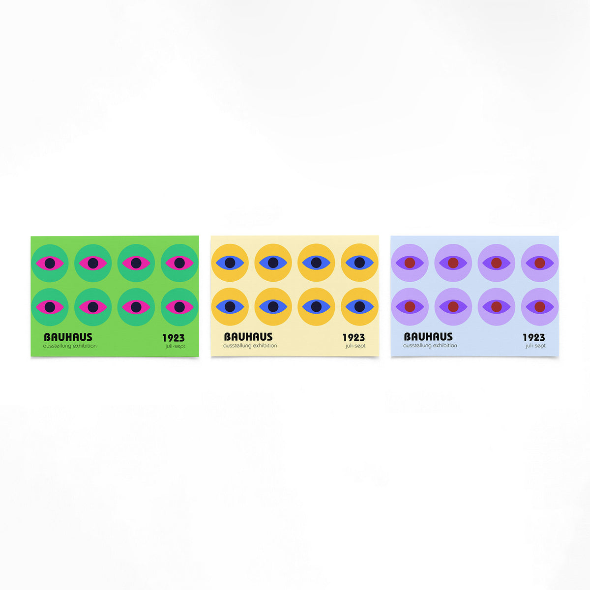 Drie landscape posters met ogen in kleurvlakken als vrijstaande productfoto