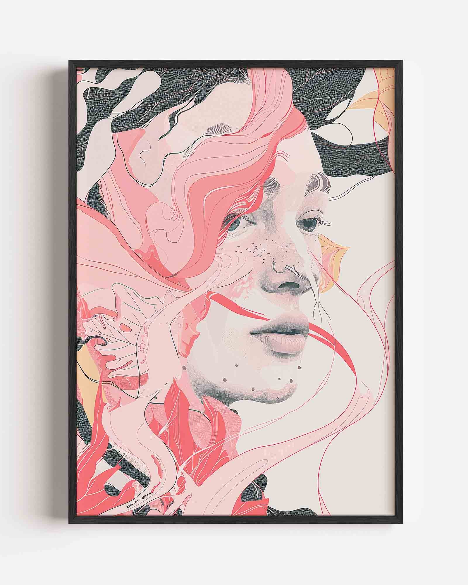 Vrouwelijk gezicht met roze lijnen Poster