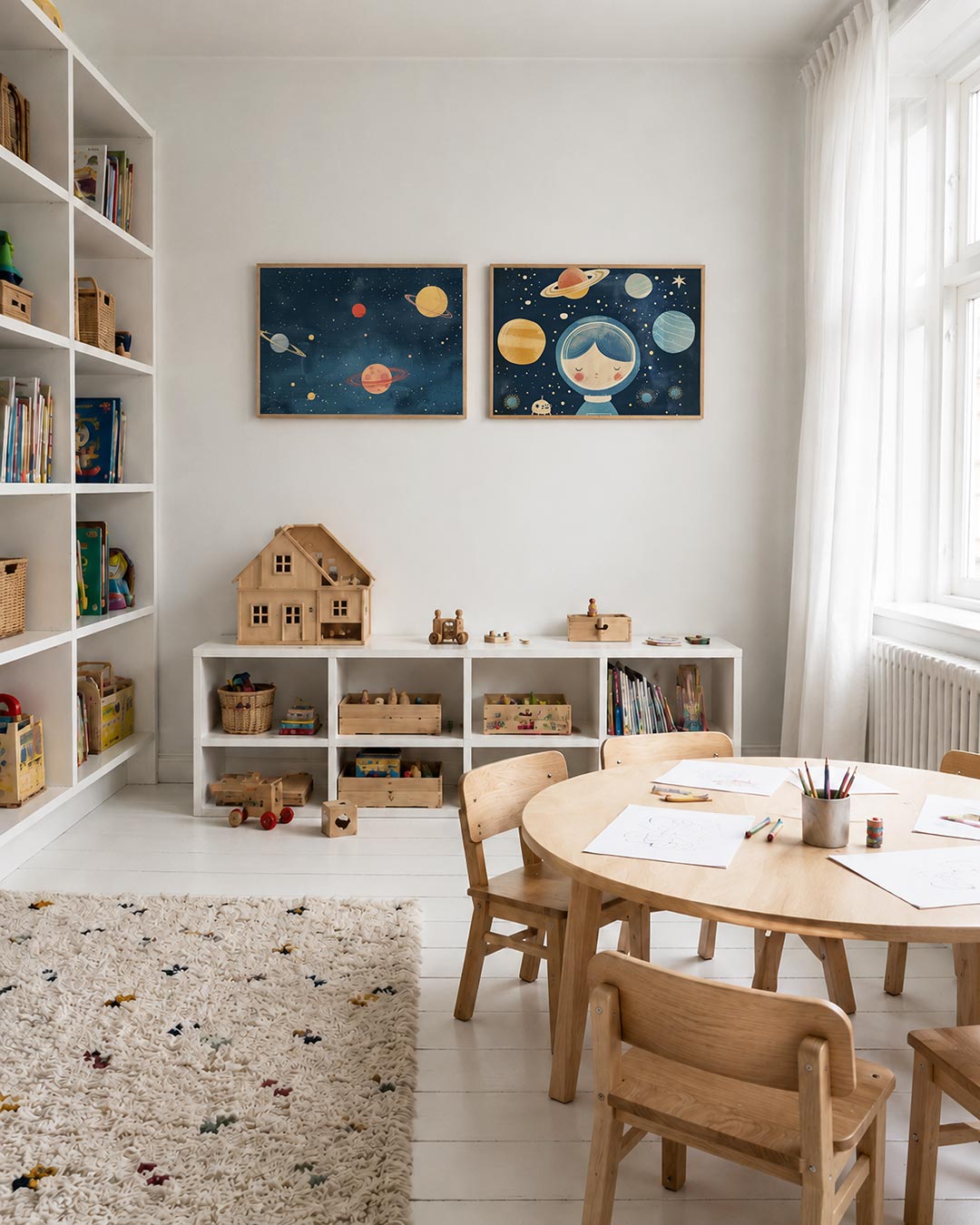 Twee liggende posters met kleurrijke planeten op een diepblauwe achtergrond, aan de muur in een interieur