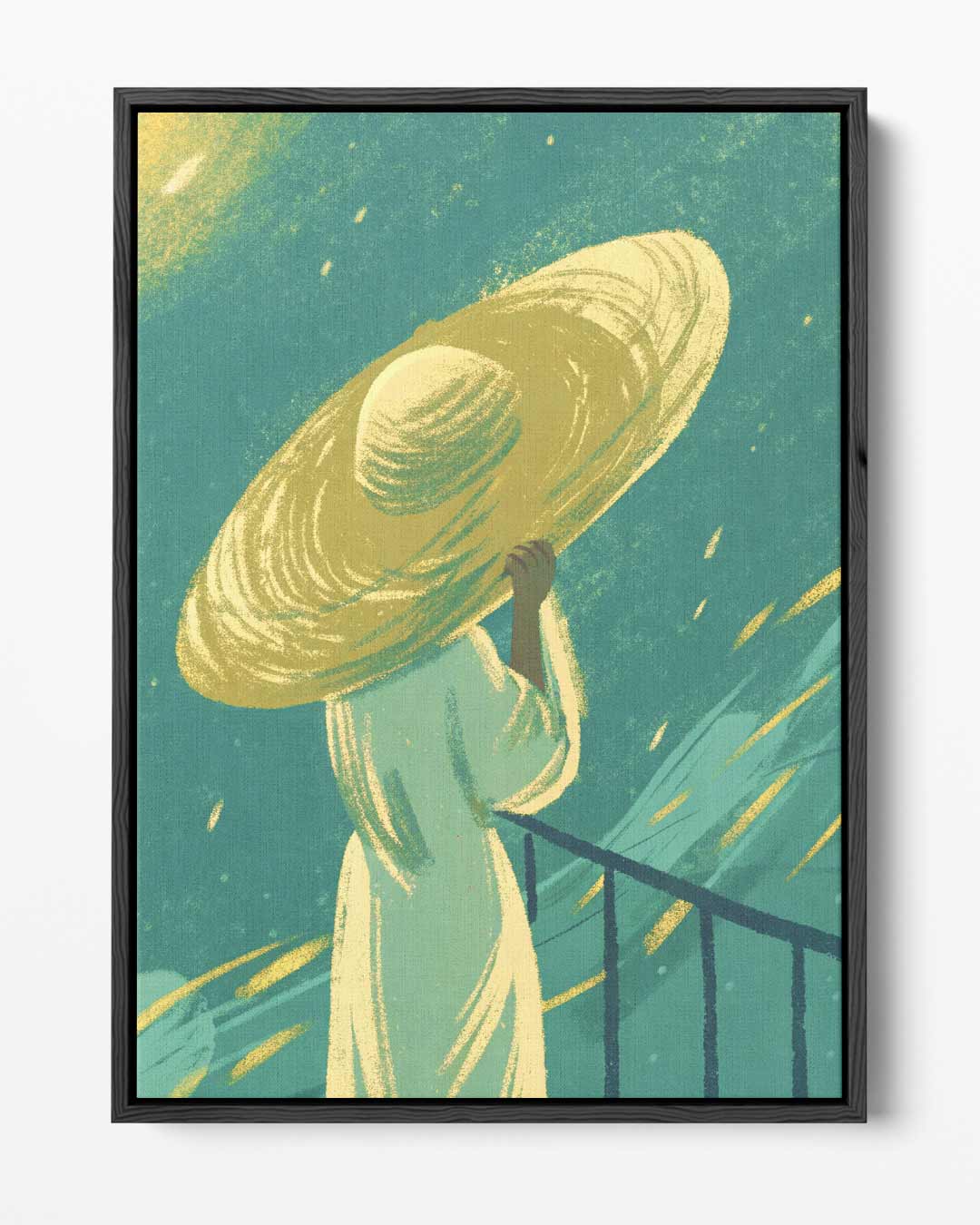Vrouw met Gele Hoed in de Wind Kunstwerk-canvas-dibond-plexiglas-wanddecoratie-WallArtistic
