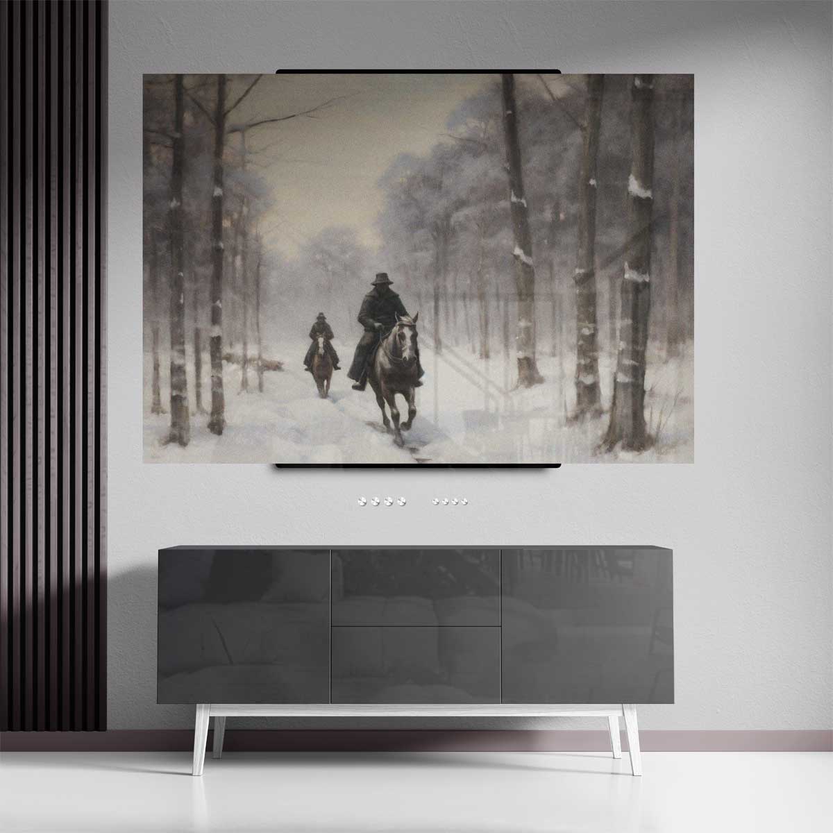 Winterse Ruiters in het Bos Kunstwerk-canvas-dibond-plexiglas-wanddecoratie-WallArtistic