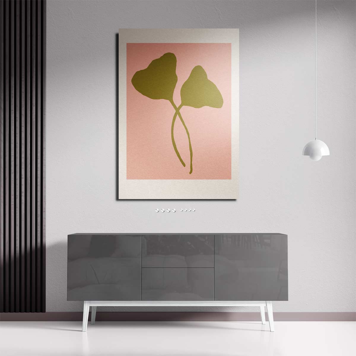 Minimalistische Bladvormen op Zalmkleur Kunstwerk-canvas-dibond-plexiglas-wanddecoratie-WallArtistic
