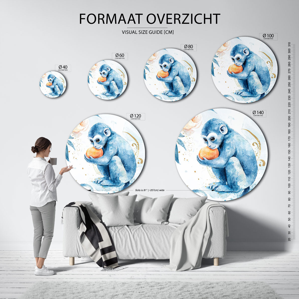 Blauwe aap met vrucht Muurcirkel