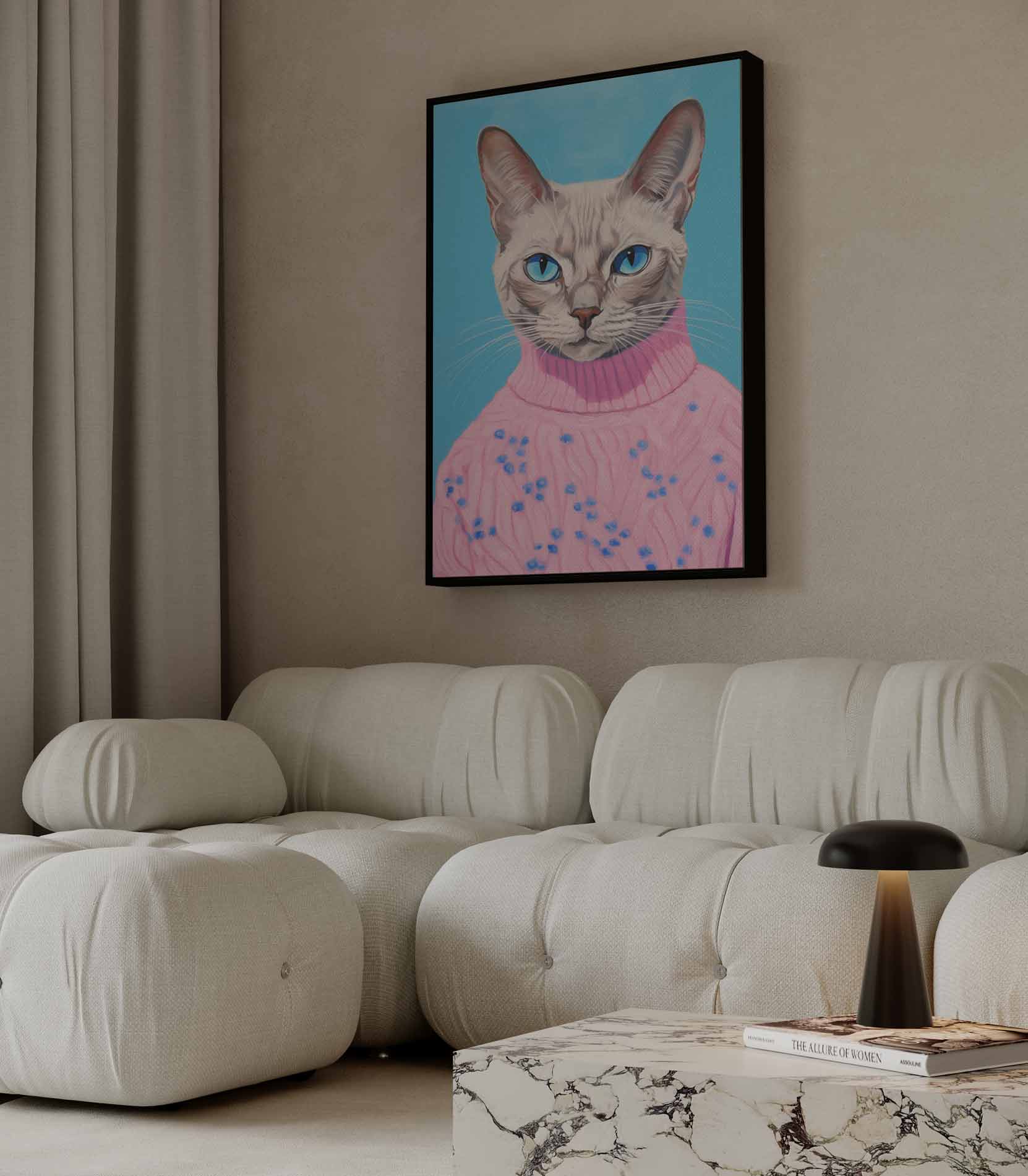 Kat in Roze Trui Portret Kunstwerk-canvas-dibond-plexiglas-wanddecoratie-WallArtistic