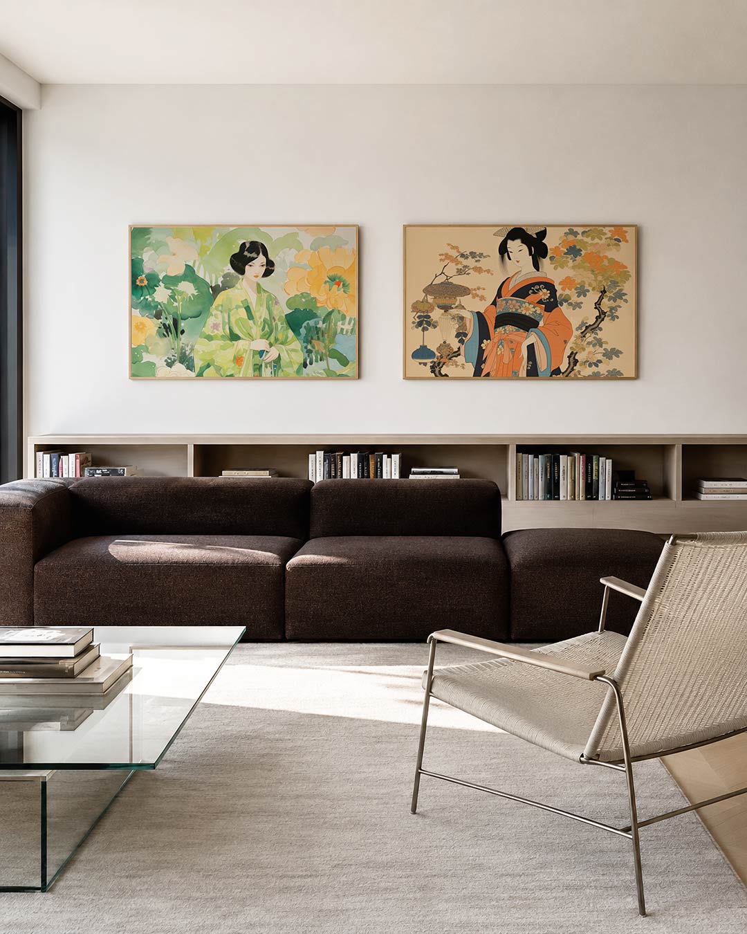 Twee liggende posters met een posterset in twee delen met een vrouw in een groene kimono, aan de muur in een interieur