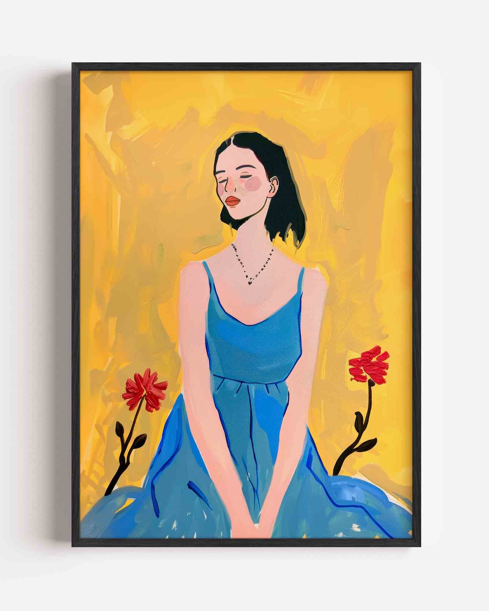 Vrouw in blauwe jurk Poster