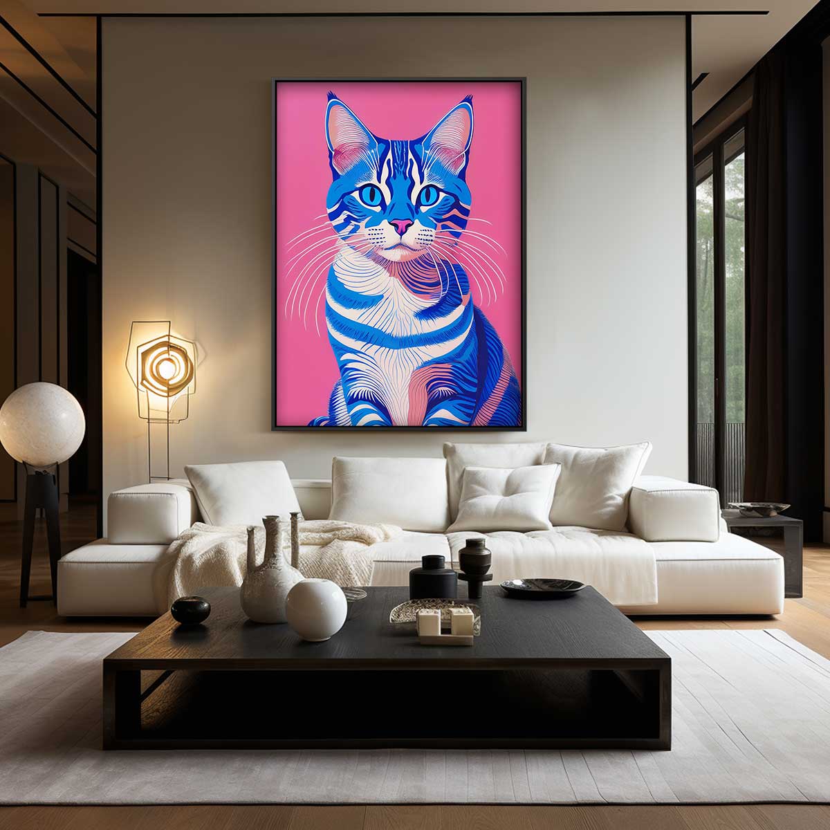 Blauw en Roze Kat Portret Kunstwerk-canvas-dibond-plexiglas-wanddecoratie-WallArtistic
