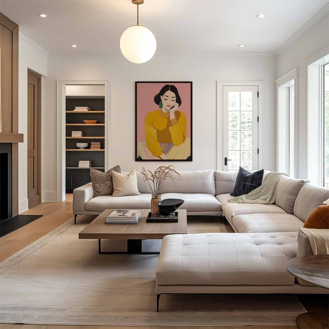 Dromerige Vrouw in Gele Trui Kunstwerk-canvas-dibond-plexiglas-wanddecoratie-WallArtistic
