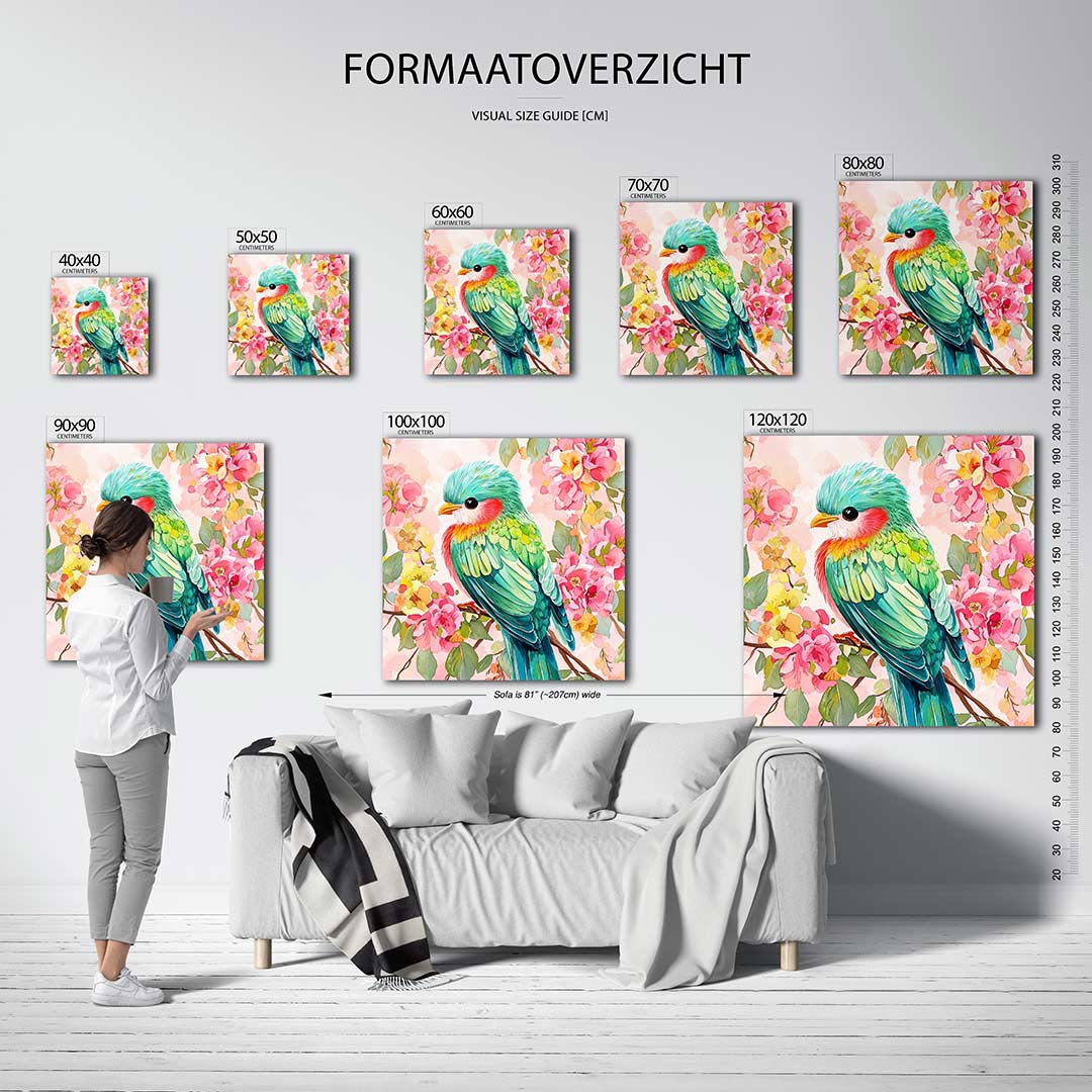 Vrolijke vogel en bloemen Kunstwerk