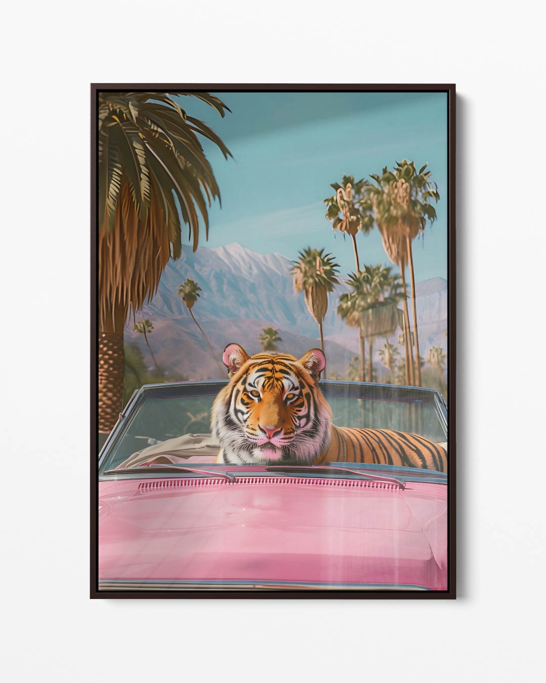 Tijger in de Roze Cabrio Kunstwerk-canvas-dibond-plexiglas-wanddecoratie-WallArtistic