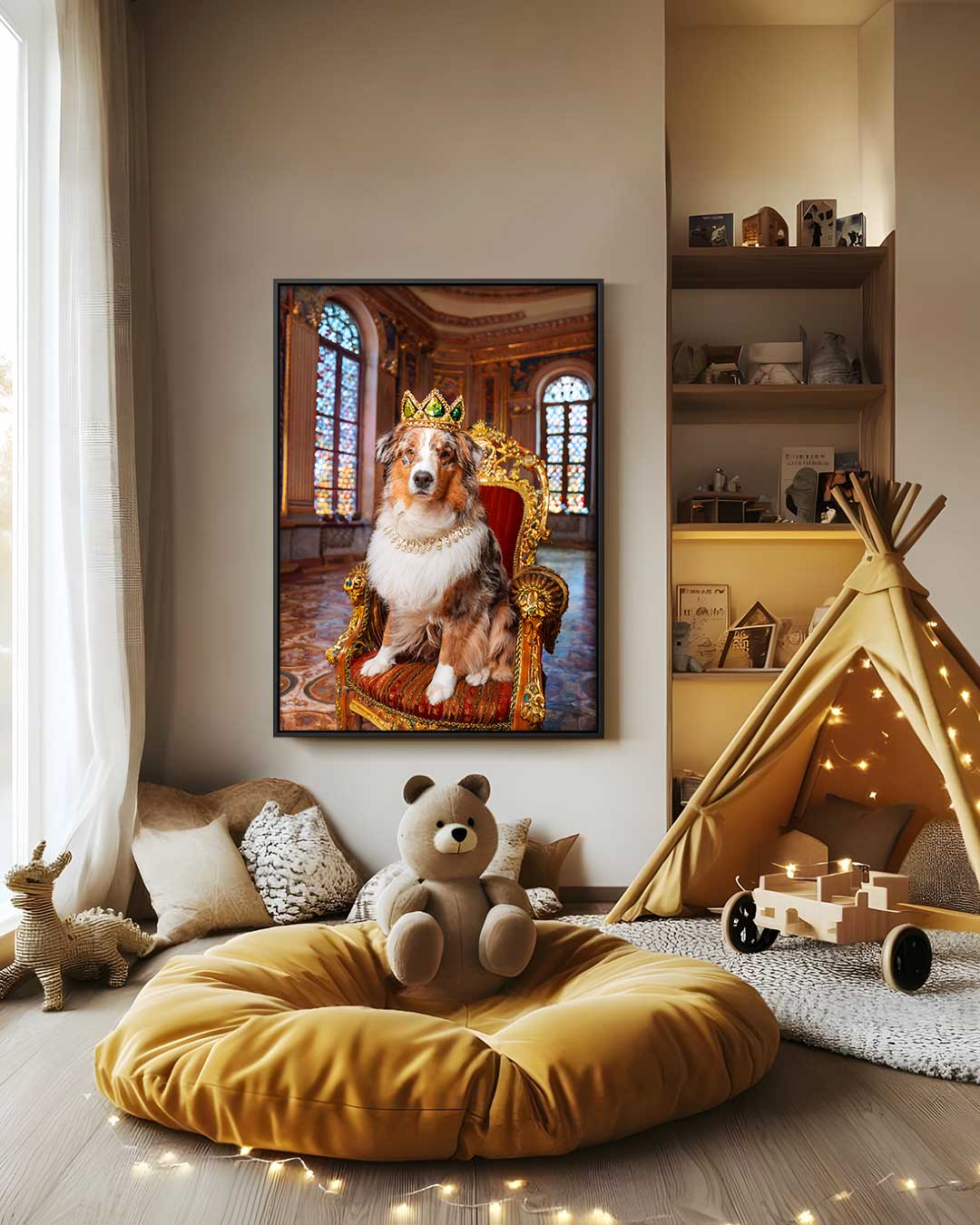Koninklijke Hond op Gouden Troon Kunstwerk-canvas-dibond-plexiglas-wanddecoratie-WallArtistic