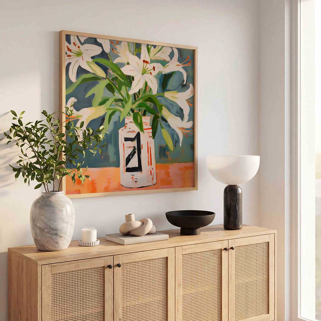 Witte lelies in vaas Poster