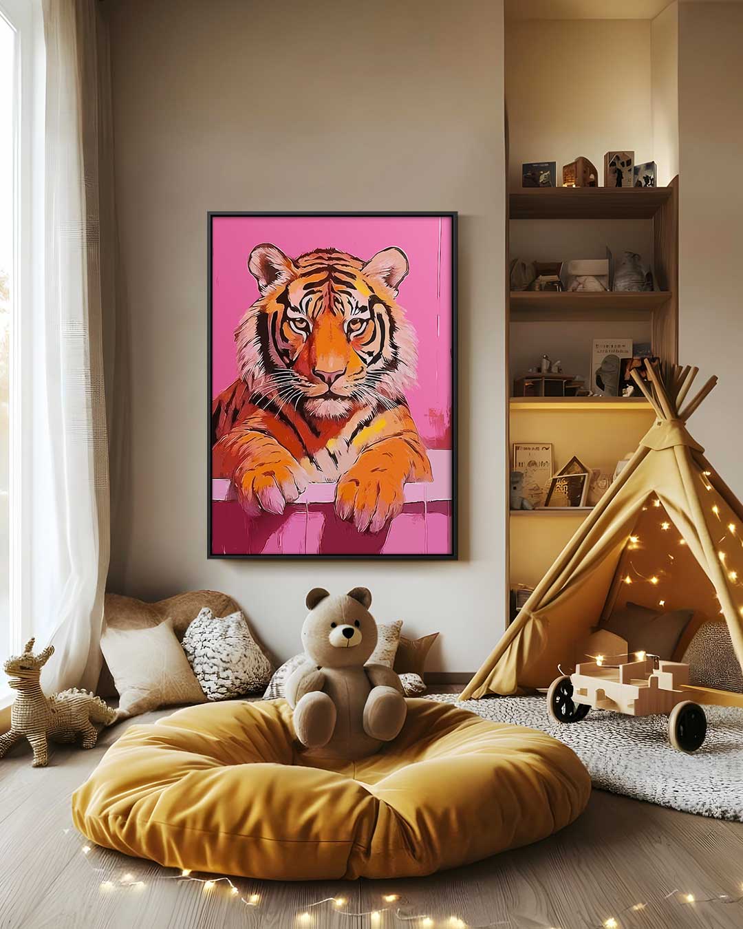 Badende Tijger op Roze Achtergrond Kunstwerk-canvas-dibond-plexiglas-wanddecoratie-WallArtistic