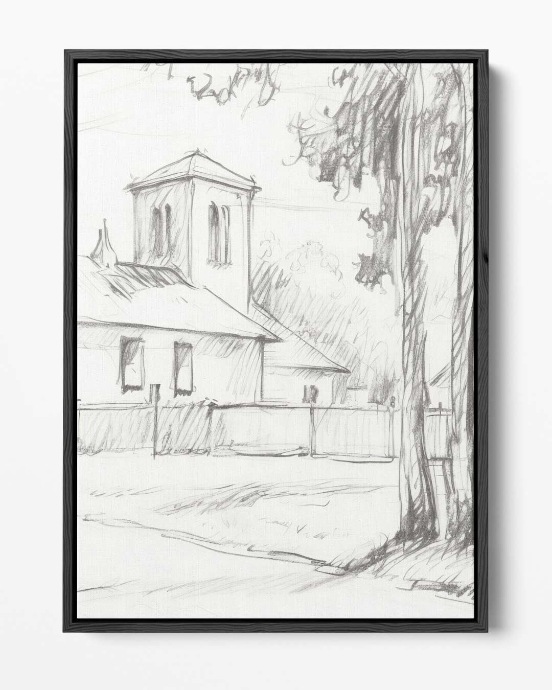 Dorpskerk en Bomen Kunstwerk-canvas-dibond-plexiglas-wanddecoratie-WallArtistic
