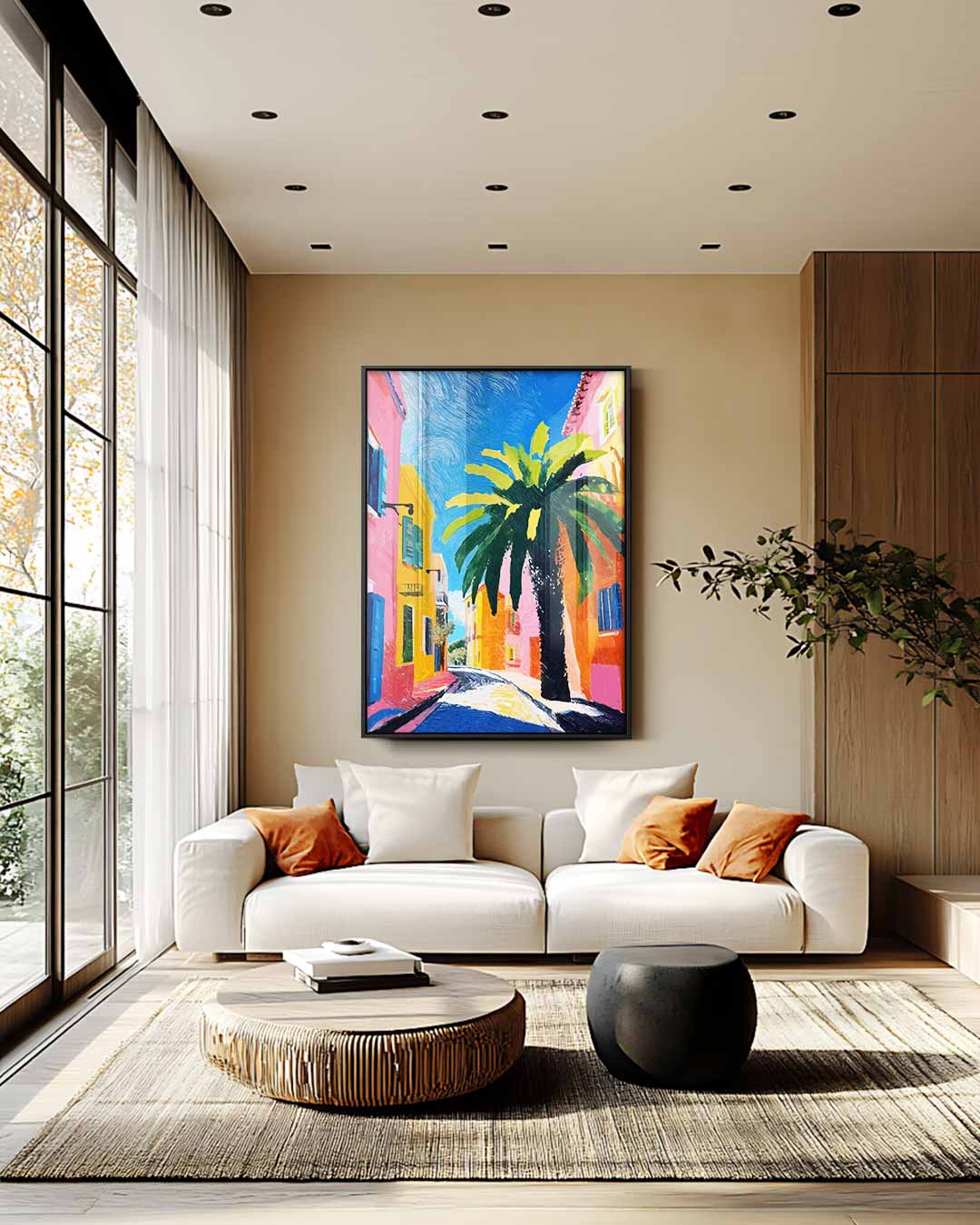 Zomerse Straat met Palmboom Kunstwerk-canvas-dibond-plexiglas-wanddecoratie-WallArtistic