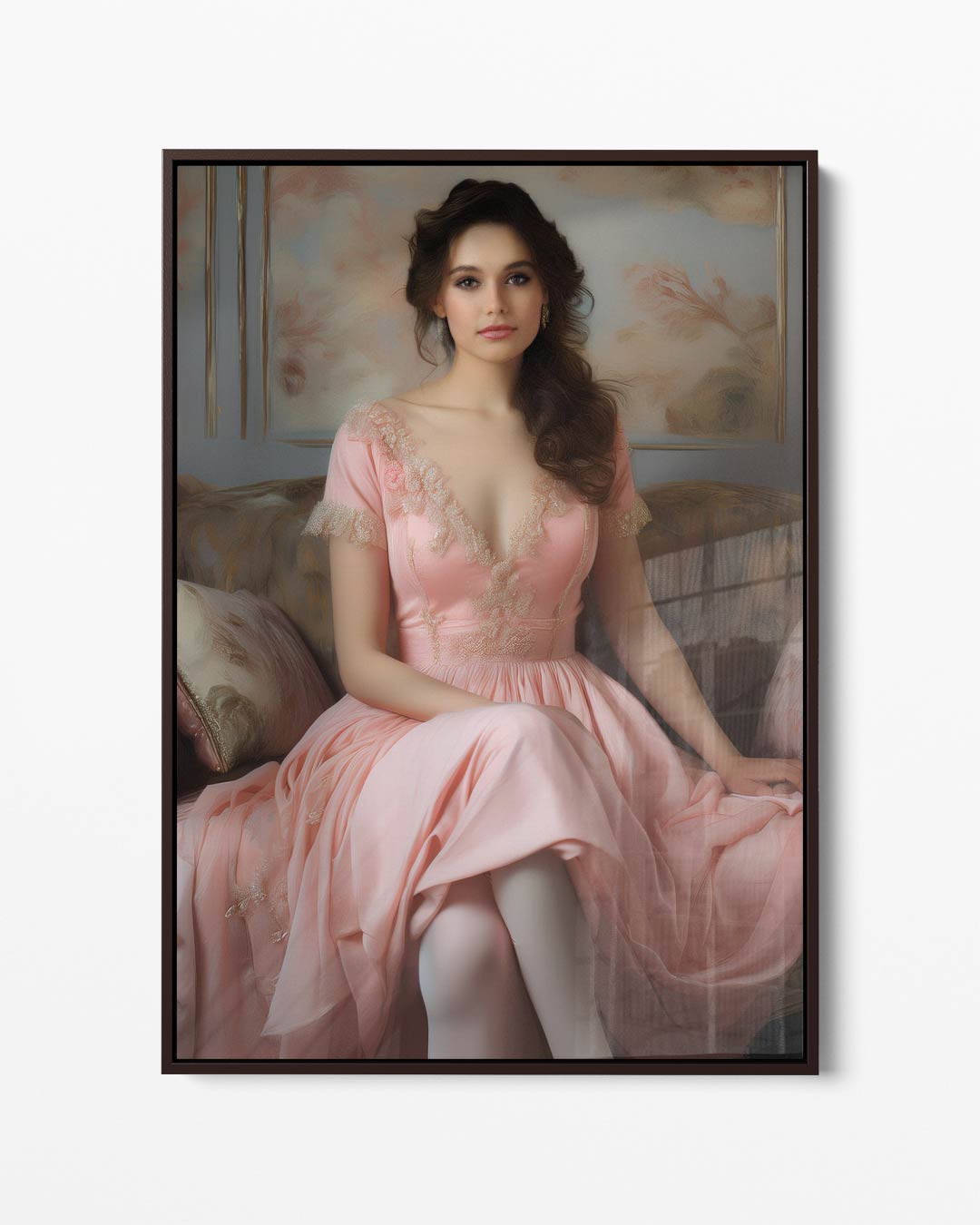 Dromerige Dame in Roze Jurk Kunstwerk-canvas-dibond-plexiglas-wanddecoratie-WallArtistic