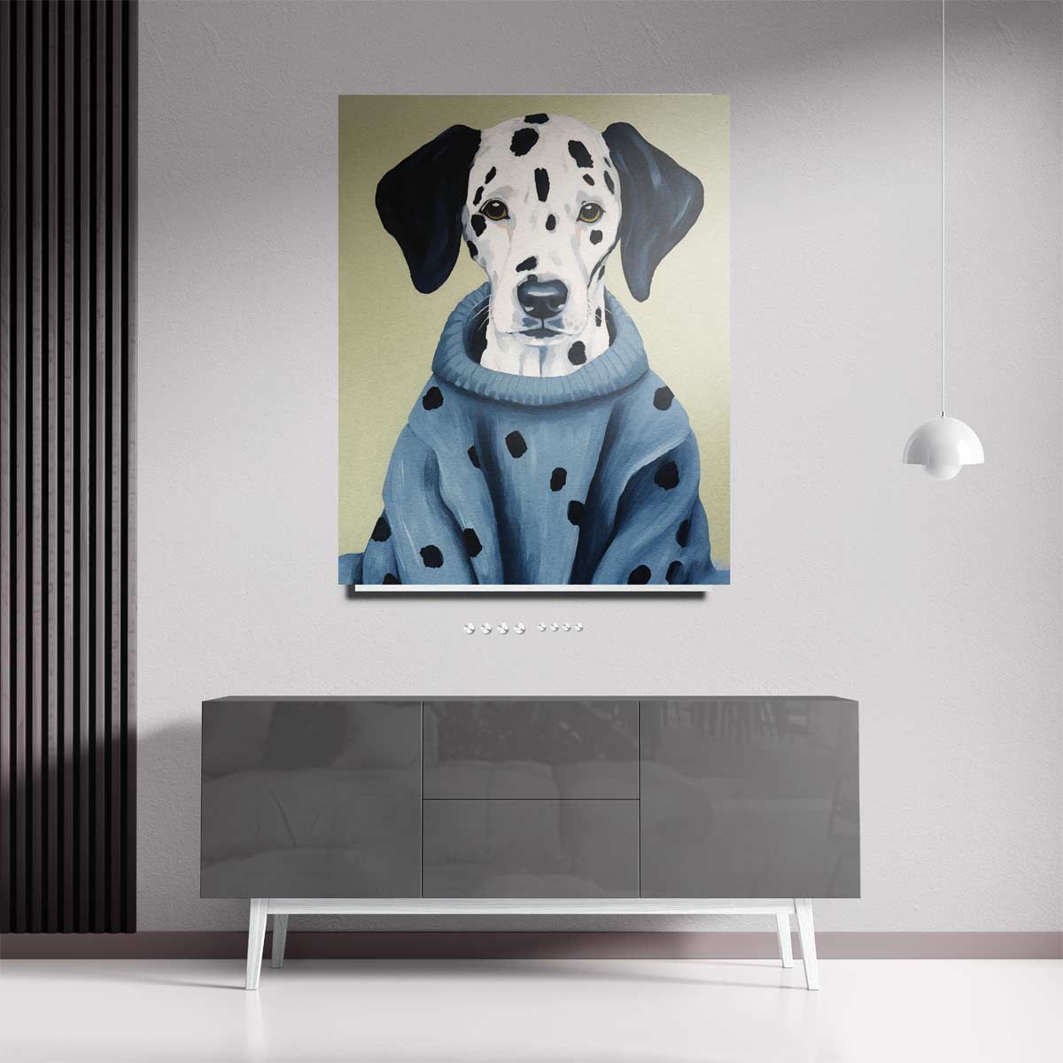 Stijlvolle Dalmatiër in Blauwe Trui Kunstwerk-canvas-dibond-plexiglas-wanddecoratie-WallArtistic