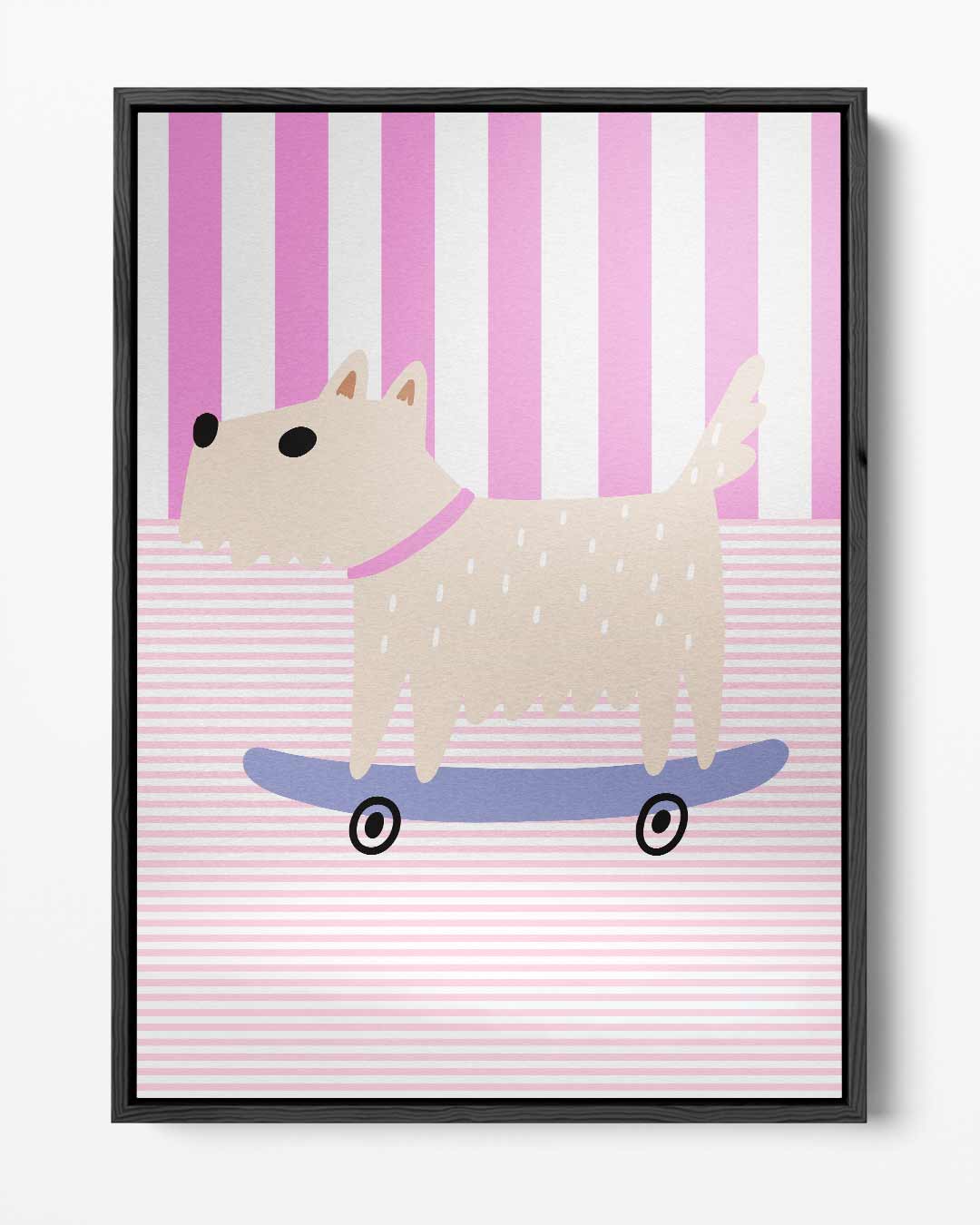 Skater Hondje op Roze Strepen Kunstwerk-canvas-dibond-plexiglas-wanddecoratie-WallArtistic