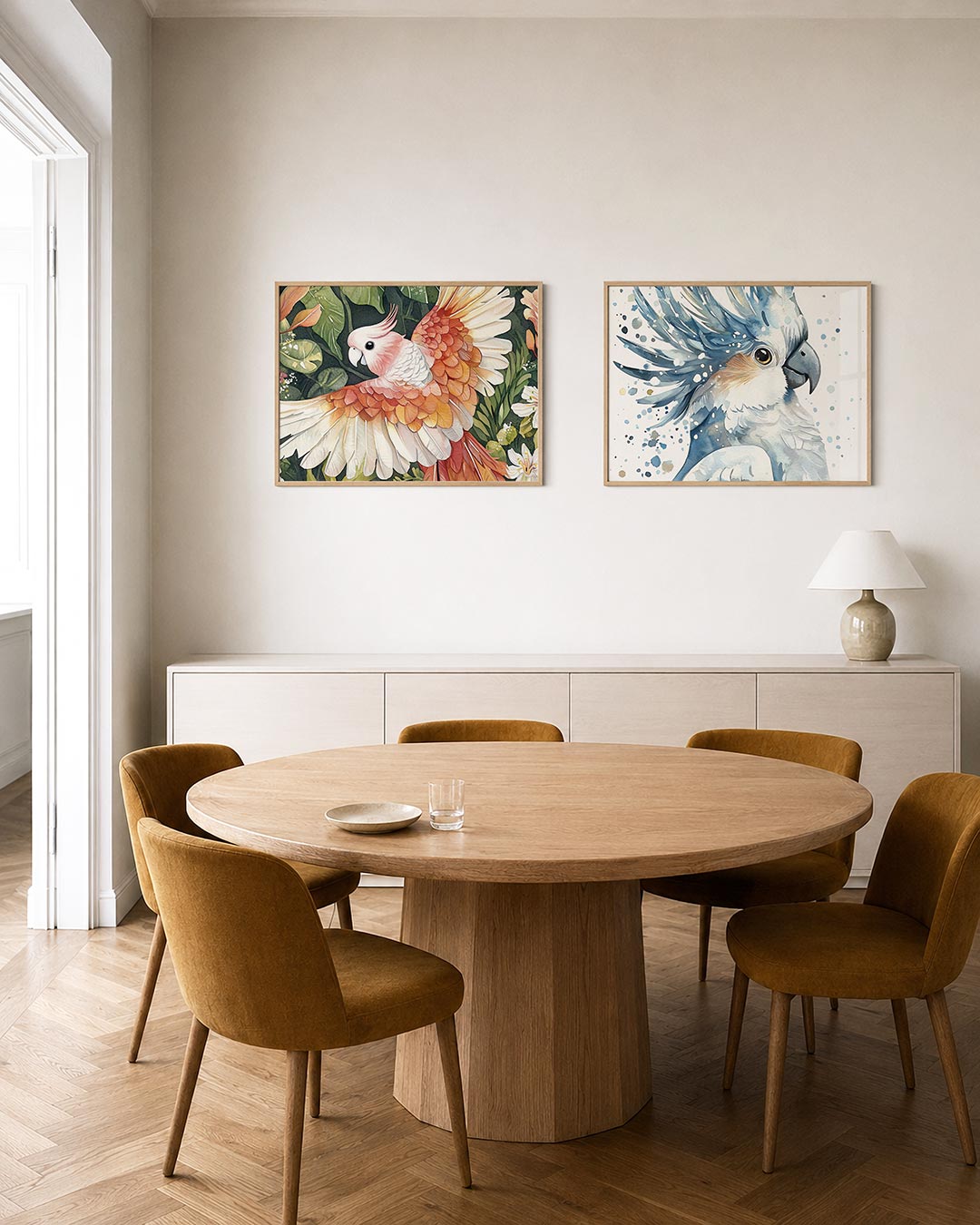 Twee liggende posters met een kleurrijke vogel met roze en oranje veren tussen groene bladeren, aan de muur in een interieur