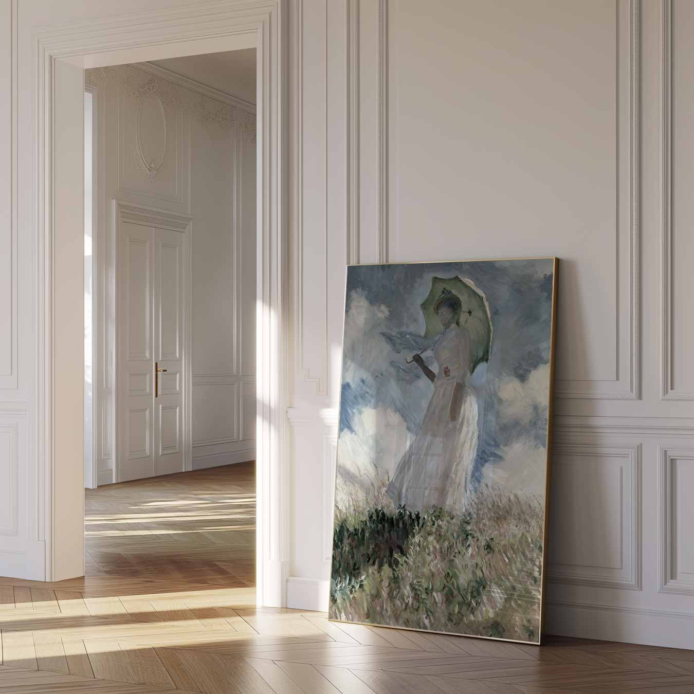Vrouw met Parasol in de Wind Poster