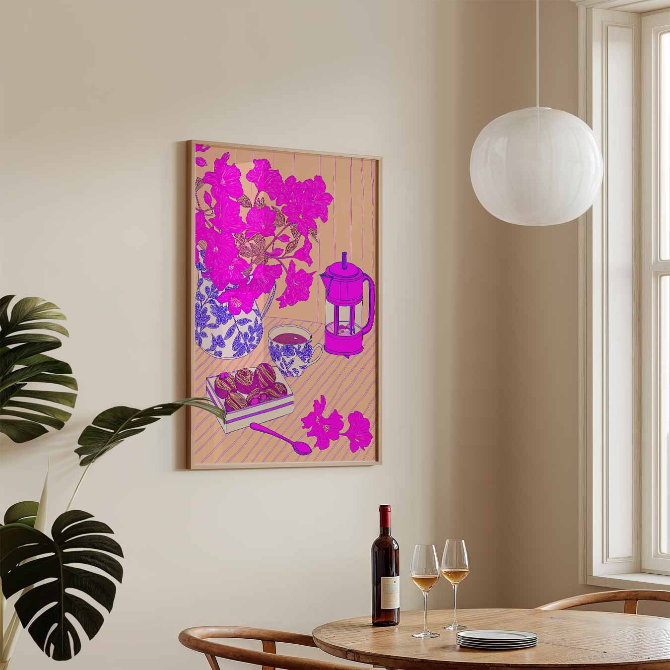Roze Bloemen en Koffie Moment Poster