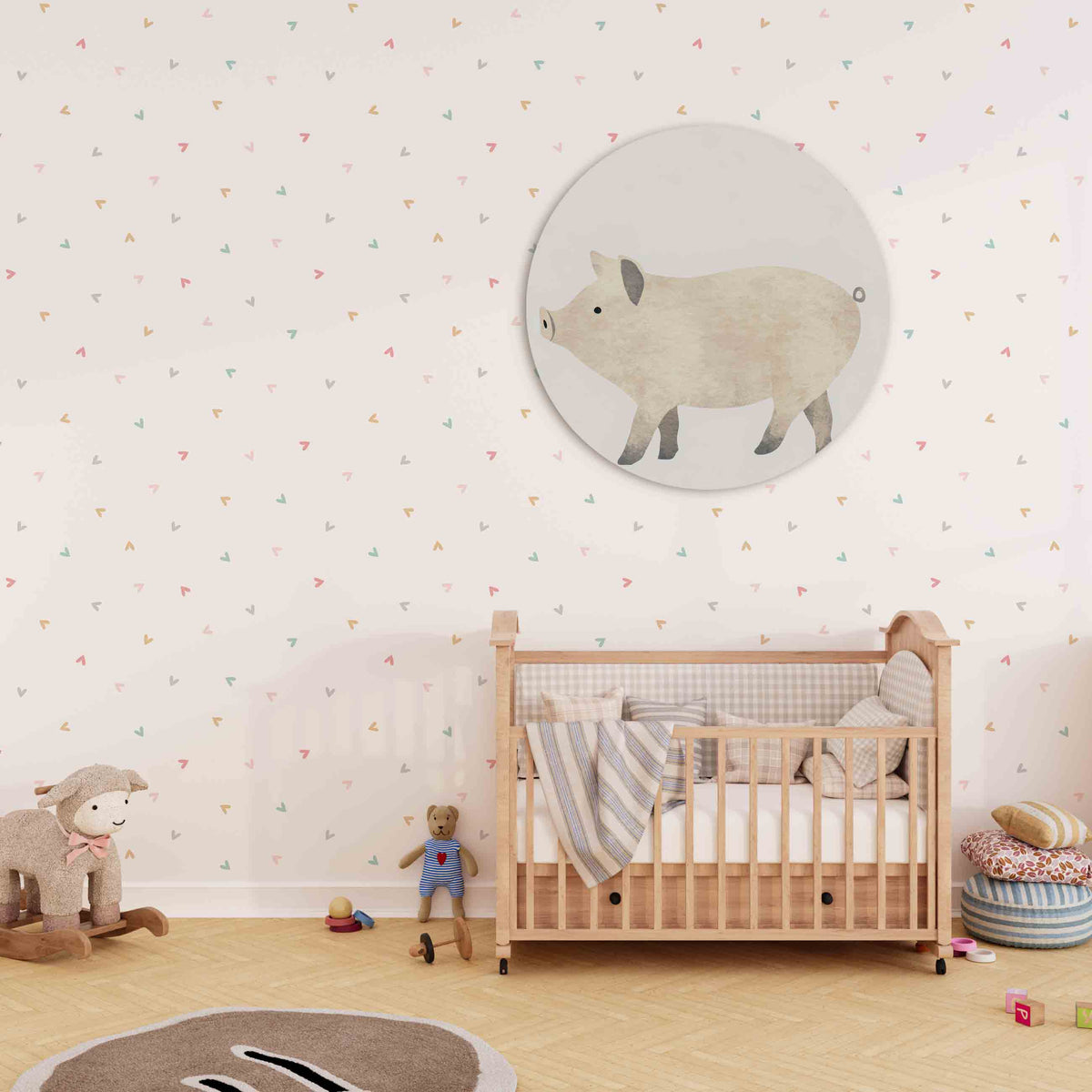 Varken Muurcirkel – derde productweergave – Een varken in zachte beige tinten met grijze accenten.