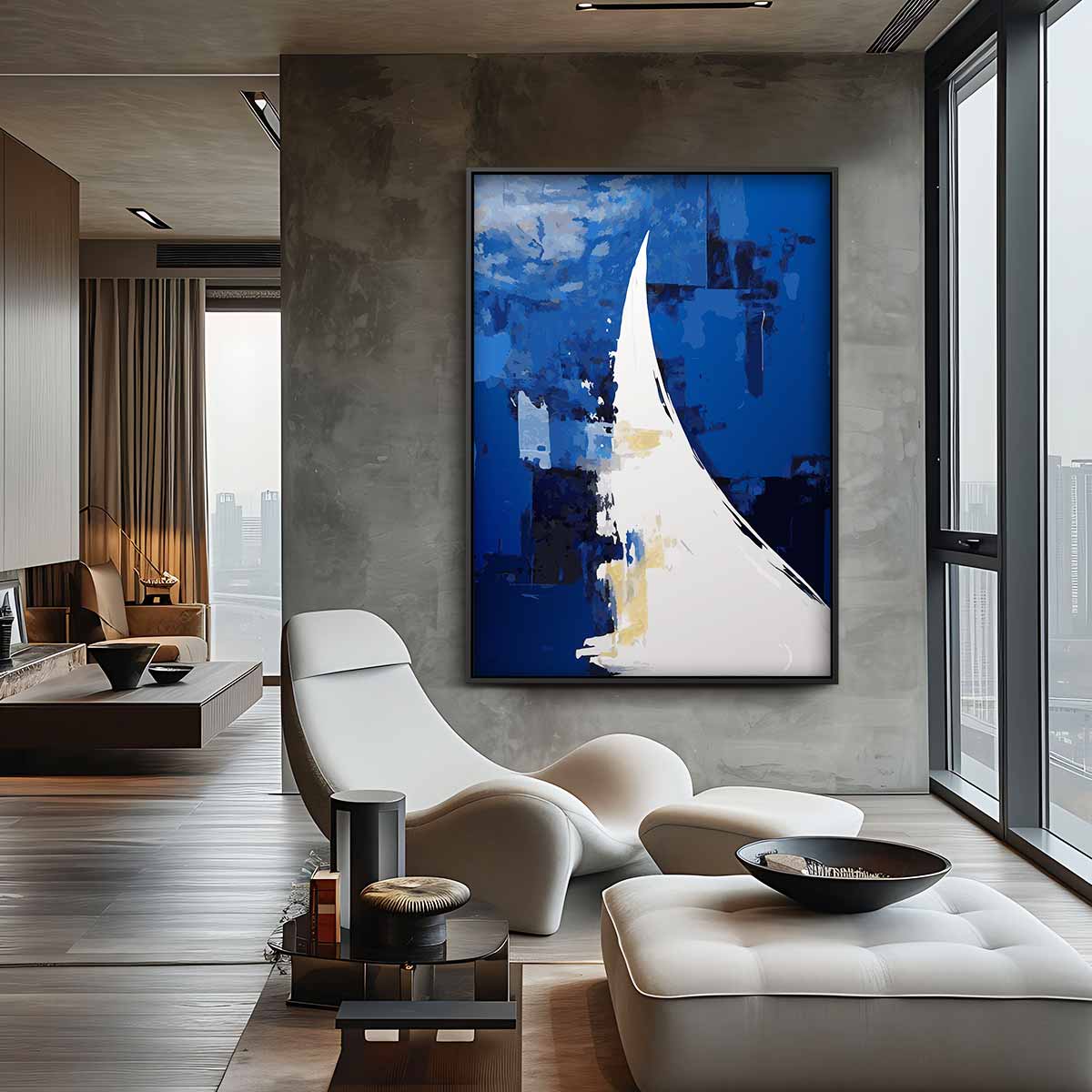 Blauwe Abstracte Golf Kunstwerk-canvas-dibond-plexiglas-wanddecoratie-WallArtistic