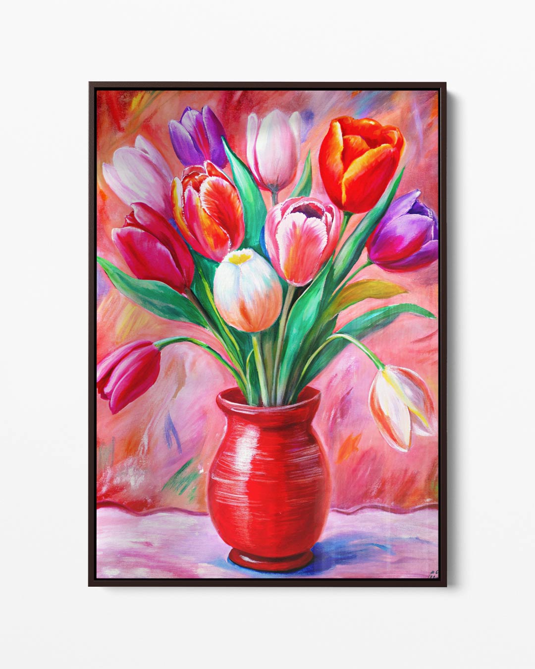 Kleurrijke Tulpen in Rode Vaas Kunstwerk-canvas-dibond-plexiglas-wanddecoratie-WallArtistic