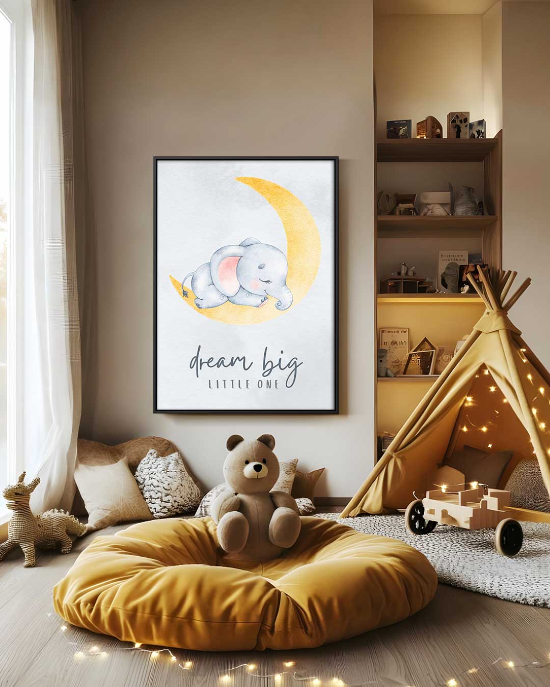 Dromende Olifant op de Maan Kunstwerk-canvas-dibond-plexiglas-wanddecoratie-WallArtistic