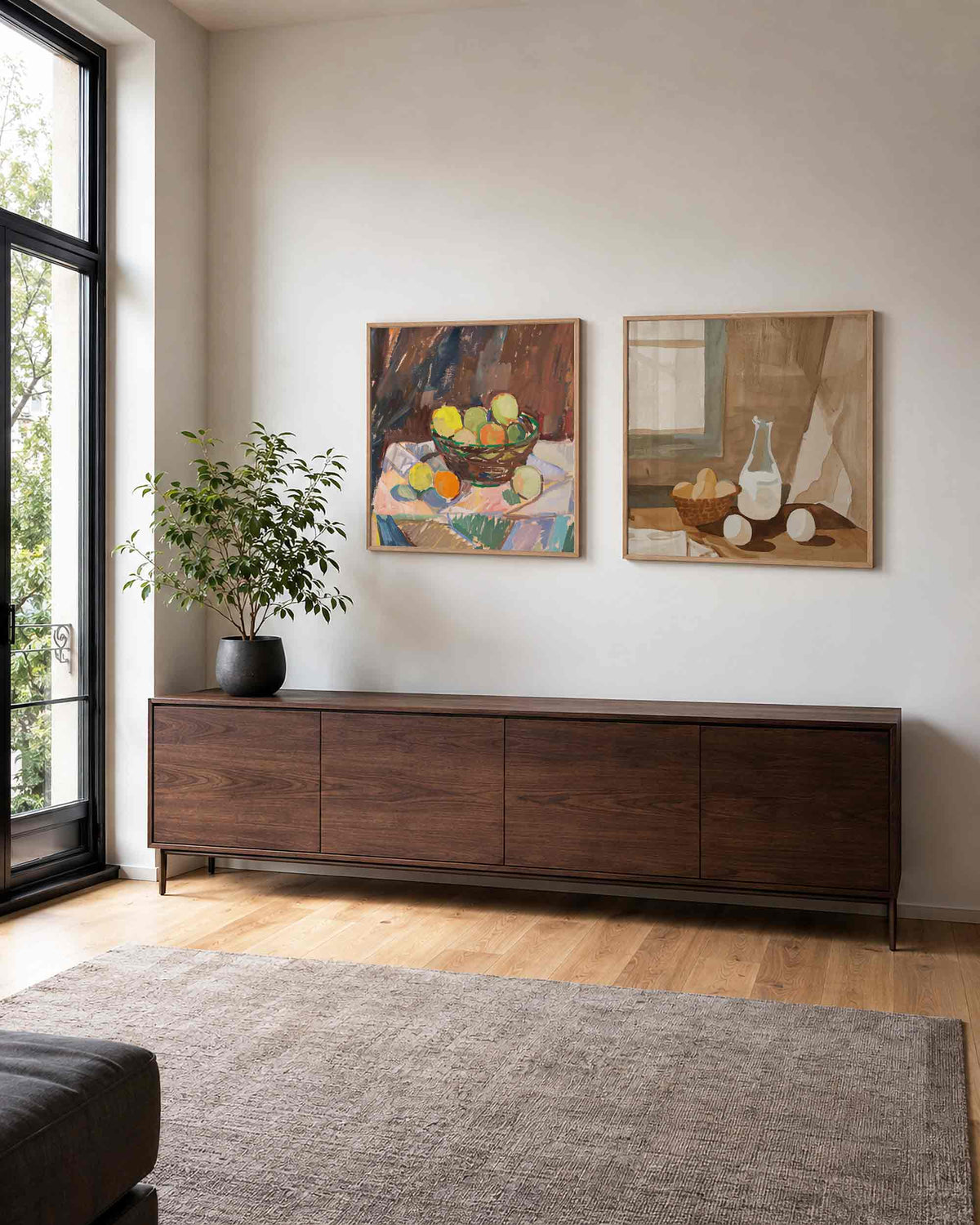 Interieurpresentatie van een tweedelige vierkante posterset met fruit en stilleven