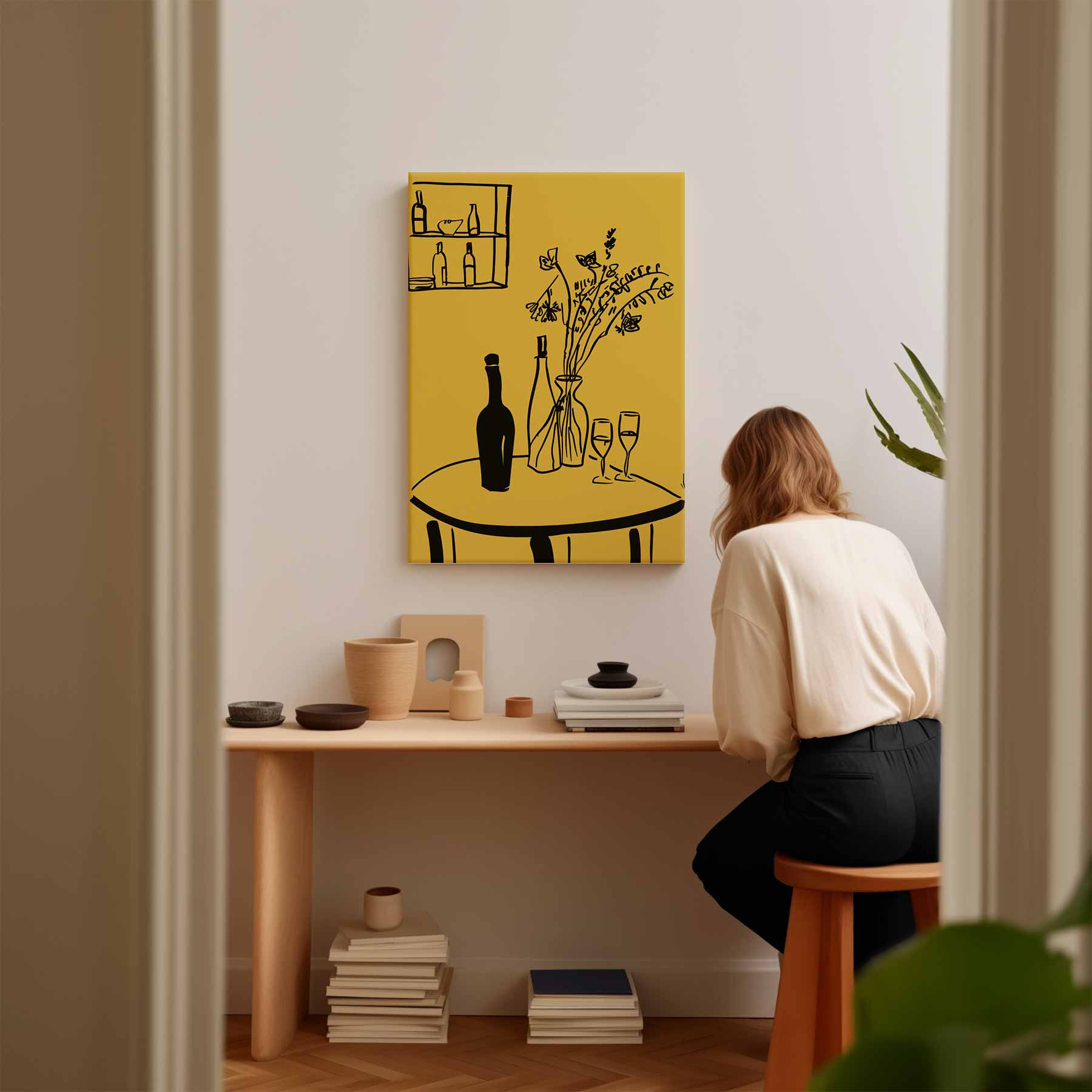 Lijnkunst Stillleven op Gele Achtergrond Kunstwerk-canvas-dibond-plexiglas-wanddecoratie-WallArtistic