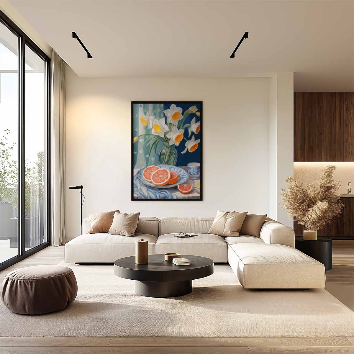 Lente Stilleven met Narcissen en Grapefruit Kunstwerk-canvas-dibond-plexiglas-wanddecoratie-WallArtistic