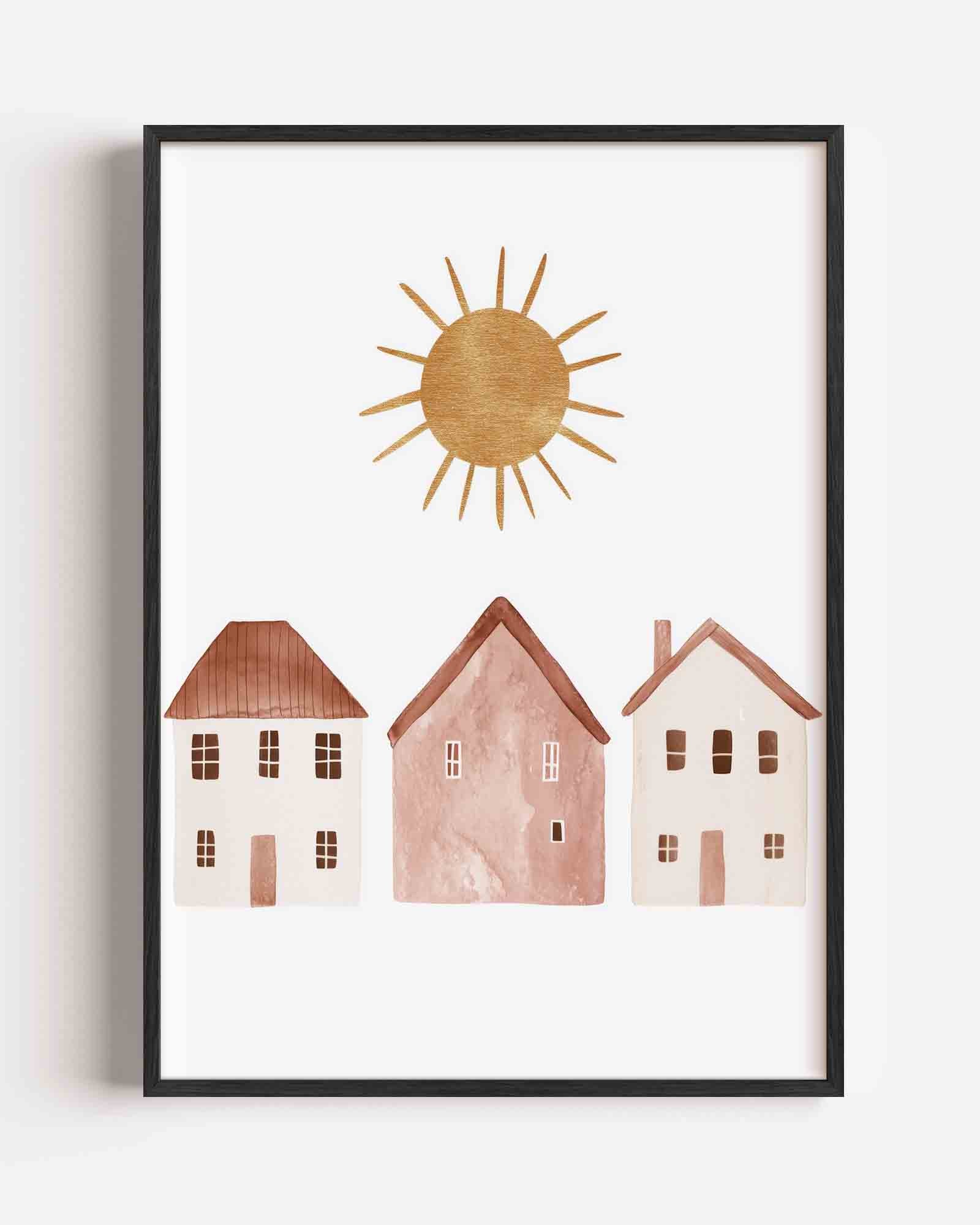 Zon en huizen Poster