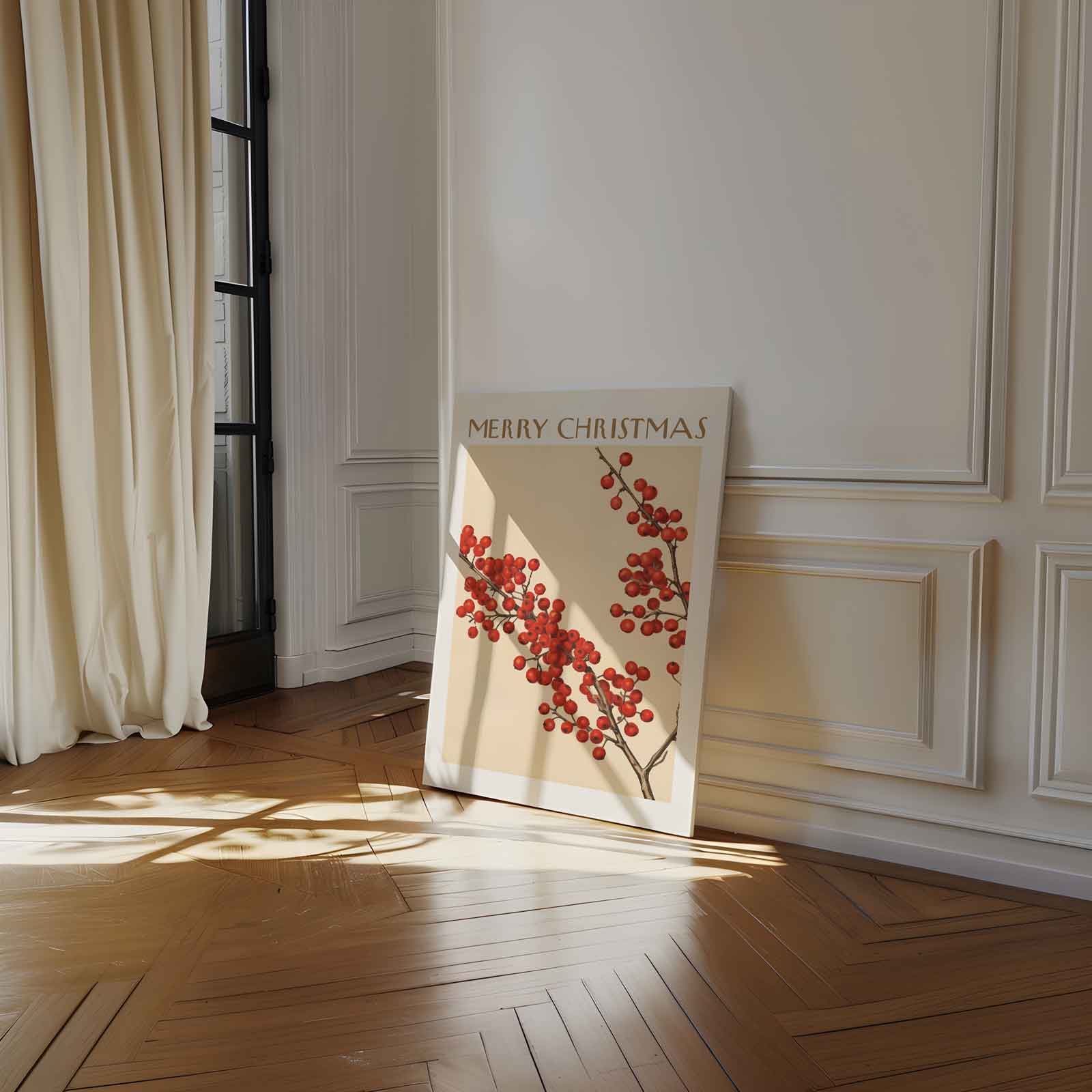 Vintage Kerstkaart met Rode Bessen Kunstwerk-canvas-dibond-plexiglas-wanddecoratie-WallArtistic